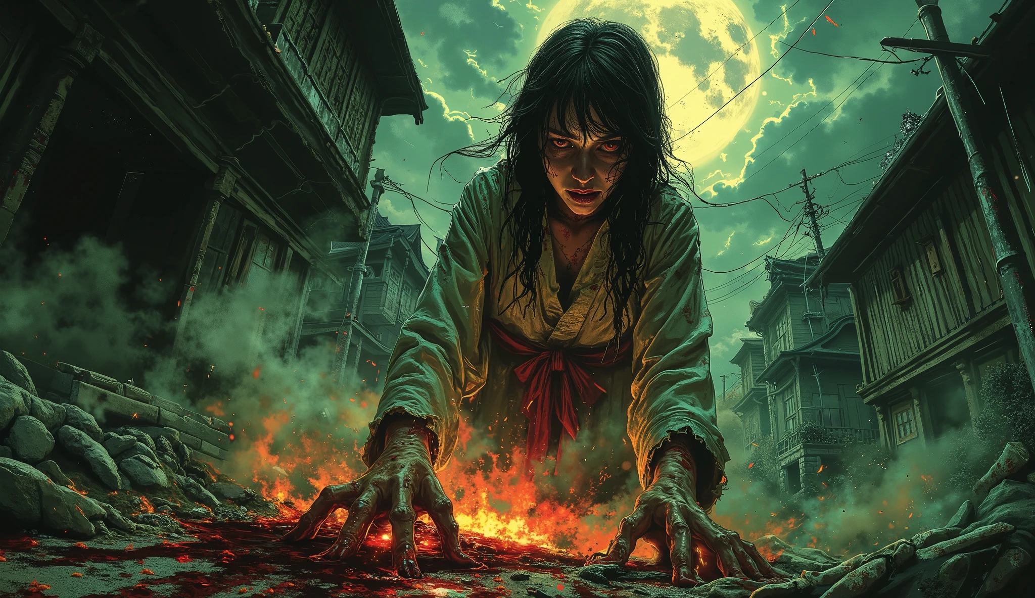 Hyper-detailed digital illustration of Teke Teke, A young woman who has been severed at the waist, her legs lay behind her as she drags her torso along the pavement with her hands, leaving a trail of blood behind her. tattered white funeral kimono, onibi fire wisps, distorted limbs. Style: Junji Ito meets modern anime horror, sickly green/red color palette, dramatic perspective, lighting volumetric fog, radioactive glow, lens flare. --v5 --ar16:9 --style raw