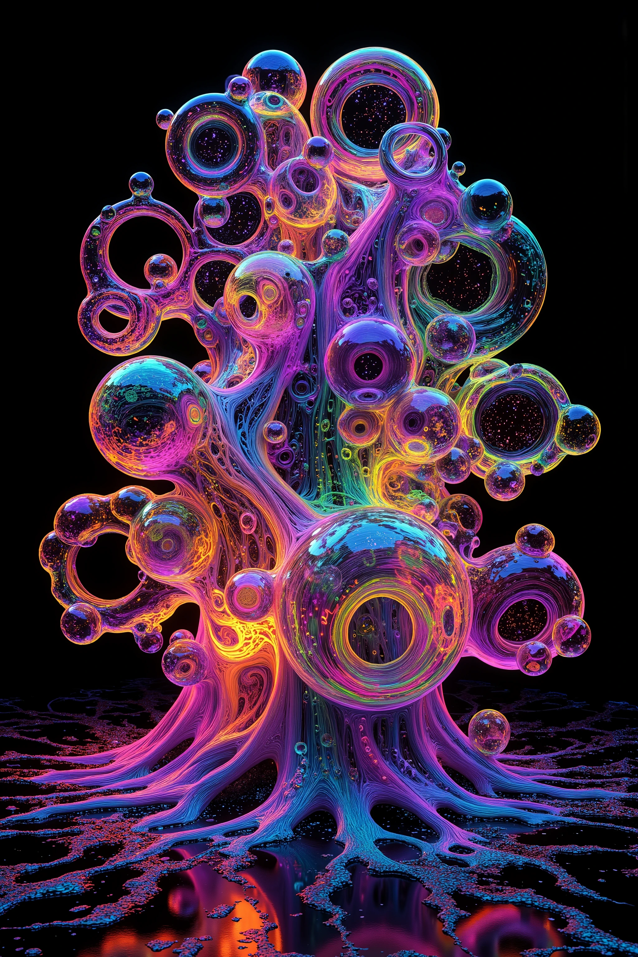a psychedelic digital art,ultra-detailed vibrant fluorescent neon colors,intricate rainbow glass-like environment,shimmering glass bubbles morphing out of swirling colors,glowing light and reflection,4d mandelbulb psychedelic landscape,bright overexposed backlighting with depth of field,award winning masterpiece,pixel art,portrait photography,photorealistic,hyperdetailed,glass morphism,sparkle,optical illusion,rotational symmetry,best quality,8k,ultra-fine detailsWithin the black of the abyss, intense bright, colorful, perfectly symmetrical glass spheres containing the glowing light of acidzlime within the glass. Smaller glass orbs beneath that melt and drip vibrant colorful symetrical patterns that cover the ground and merge together in a quilt of intricate and complex designs. High fantasy, magical effects,Portrait photography, cinematic photography, photorealistic UHD, intricate, complex, attention to detail, optical illusions, unique patterns and designs, avant garde, masterpiece. Light is emerging from colors in a psychedelic dream, shimmering glass morphing out of colors, tripped out vibrant colors, perfectly formed beautiful reflective bubbles, attention to detail on the bubbles and spheres, beautiful psychedelic digital art, pixel art, trippy colors, 4d mandelbulb psychedelics, glass like psychedelic landscape, intricate rainbow environment, psychedelic underwater brightness, neon colors, bright colors, psychedelic trip, fluorescent psychedelic aesthetic, psychedelic vibrant colors, bright psychedelic neon colors, paint splattered backgrounds,swirling spirals and vortex, bright vibrant colors popping out from 3d glass spheres, Pixel Assets, Portrait photography, surrealism, Photorealistic, Hyperdetailed, Glass Morphism, Digital Art, Sparkle, Optical Illusion, Glowing Light, Reflection Light, Overexposure, Backlighting, Depth Of Field, Rotational Symmetry, UHD, High Details, High Quality, Super Detailed, Best Quality, Award Winning, Masterpiece.