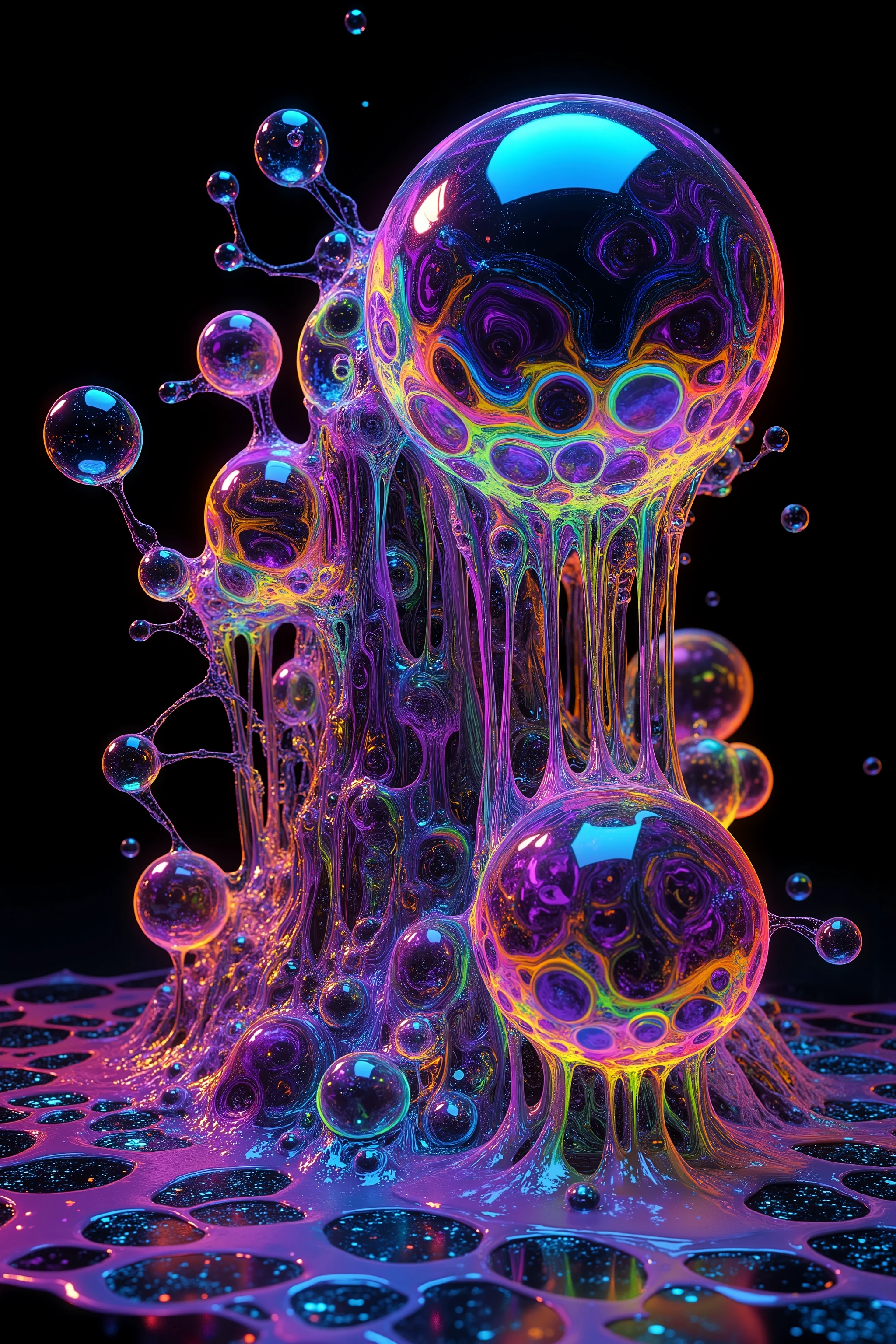 a psychedelic digital art,ultra-detailed vibrant fluorescent neon colors,intricate rainbow glass-like environment,shimmering glass bubbles morphing out of swirling colors,glowing light and reflection,4d mandelbulb psychedelic landscape,bright overexposed backlighting with depth of field,award winning masterpiece,pixel art,portrait photography,photorealistic,hyperdetailed,glass morphism,sparkle,optical illusion,rotational symmetry,best quality,8k,ultra-fine detailsWithin the black of the abyss, intense bright, colorful, perfectly symmetrical glass spheres containing the glowing light of acidzlime within the glass. Smaller glass orbs beneath that melt and drip vibrant colorful symetrical patterns that cover the ground and merge together in a quilt of intricate and complex designs. High fantasy, magical effects,Portrait photography, cinematic photography, photorealistic UHD, intricate, complex, attention to detail, optical illusions, unique patterns and designs, avant garde, masterpiece. Light is emerging from colors in a psychedelic dream, shimmering glass morphing out of colors, tripped out vibrant colors, perfectly formed beautiful reflective bubbles, attention to detail on the bubbles and spheres, beautiful psychedelic digital art, pixel art, trippy colors, 4d mandelbulb psychedelics, glass like psychedelic landscape, intricate rainbow environment, psychedelic underwater brightness, neon colors, bright colors, psychedelic trip, fluorescent psychedelic aesthetic, psychedelic vibrant colors, bright psychedelic neon colors, paint splattered backgrounds,swirling spirals and vortex, bright vibrant colors popping out from 3d glass spheres, Pixel Assets, Portrait photography, surrealism, Photorealistic, Hyperdetailed, Glass Morphism, Digital Art, Sparkle, Optical Illusion, Glowing Light, Reflection Light, Overexposure, Backlighting, Depth Of Field, Rotational Symmetry, UHD, High Details, High Quality, Super Detailed, Best Quality, Award Winning, Masterpiece.