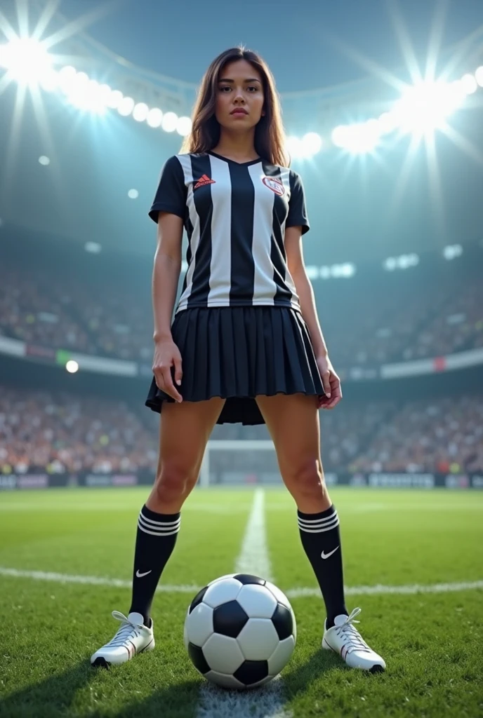 araffe woman in a referee outfit kneeling on a soccer ball, female gigachad, amusing, fantasy!!!, mmmmm, wearing a volleyball jersey, godesses, masterpiece!!!!, shocking, soccer, on knees, soccer player, striped, sexy girl, football player, pathetic, sporty, breath taking, white stripes all over its body, lascivious pose