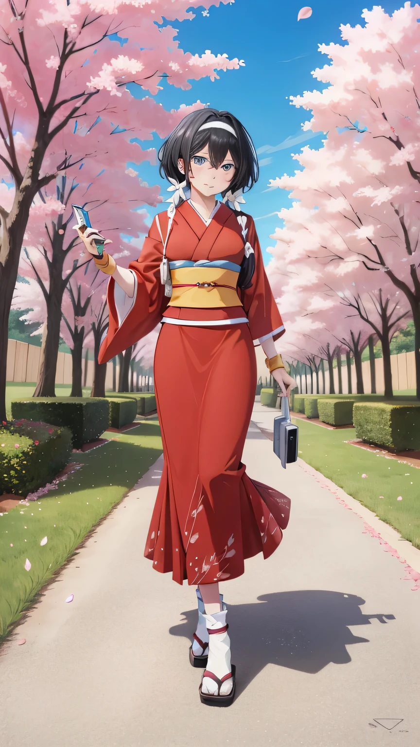 {{{masterpiece}}}, (best quality:1.5), (ultra-detailed:1.5), {illustration}, {{an extremely delicate and beautiful}}, (beautiful detailed eyes:1.6), absurdres, highres, extremely detailed face, 16k, hd, visual anime de uma jovem mulher, extremamente bonito rosto de anime, anime melhor garota, (perfect hands, perfect anatomy), anime face, izumi kyouka(Bungou Stray Dogs), 1girl, solo, cute face, black hair, long hair, low twintails, white hair band, flower hair ornament, crossed bangs, sidelocks, blue eyes,(High resolution eyes, Beautiful eyes, Light in the eyes), medium breasts, big hips, curvaceous, BREAK, japanese clothes, (furisode:1.2), red kimono, red sleeves, long sleeves, wide sleeves, tasukikake, red arm cover, yellow wristband, yellow obi, long obi, flip phone strap, pencil skirt, red skirt, (maxi skirt:1.3), tabi, white legwear, sandals, BREAK, smile, outdoors, tree, falling petals, cherry blossoms, daytime, public park, under the sunlight, from below, sky