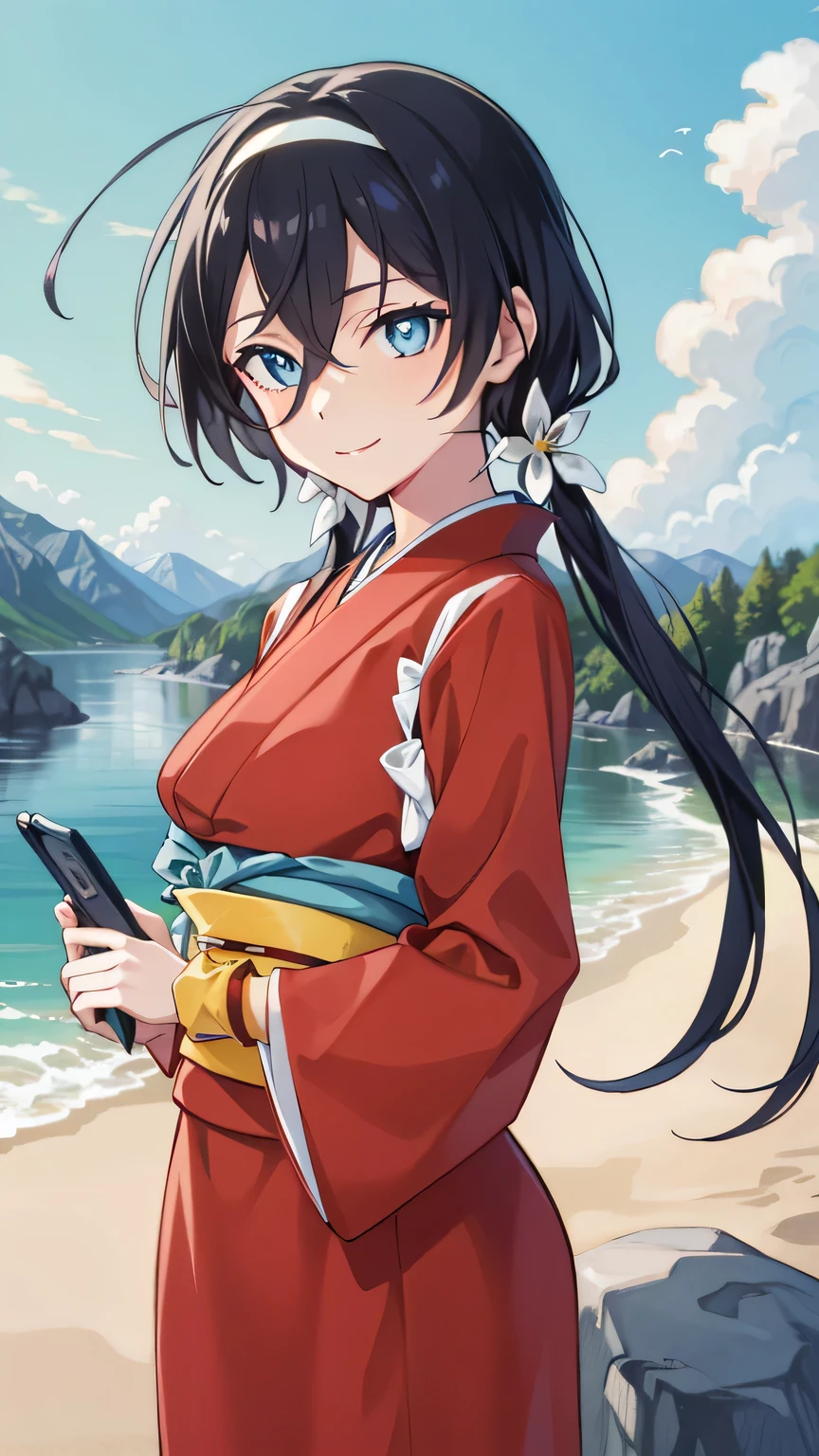 {{{masterpiece}}}, (best quality:1.5), (ultra-detailed:1.5), {illustration}, {{an extremely delicate and beautiful}}, (beautiful detailed eyes:1.6), absurdres, highres, extremely detailed face, 16k, hd, visual anime de uma jovem mulher, extremamente bonito rosto de anime, anime melhor garota, (perfect hands, perfect anatomy), anime face, izumi kyouka(Bungou Stray Dogs), 1girl, solo, cute face, black hair, long hair, low twintails, white hair band, flower hair ornament, crossed bangs, sidelocks, blue eyes,(High resolution eyes, Beautiful eyes, Light in the eyes), medium breasts, big hips, curvaceous, BREAK, japanese clothes, (furisode:1.2), red kimono, red sleeves, long sleeves, wide sleeves, tasukikake, red arm cover, yellow wristband, yellow obi, long obi, flip phone strap, pencil skirt, red skirt, (maxi skirt:1.3), BREAK, cute face, smiling, standing, outdoor, daytime, solar, rock, mountain, forest, desert, sky, lake, look the sky, look up, (bust shot:1.3), from side, from below