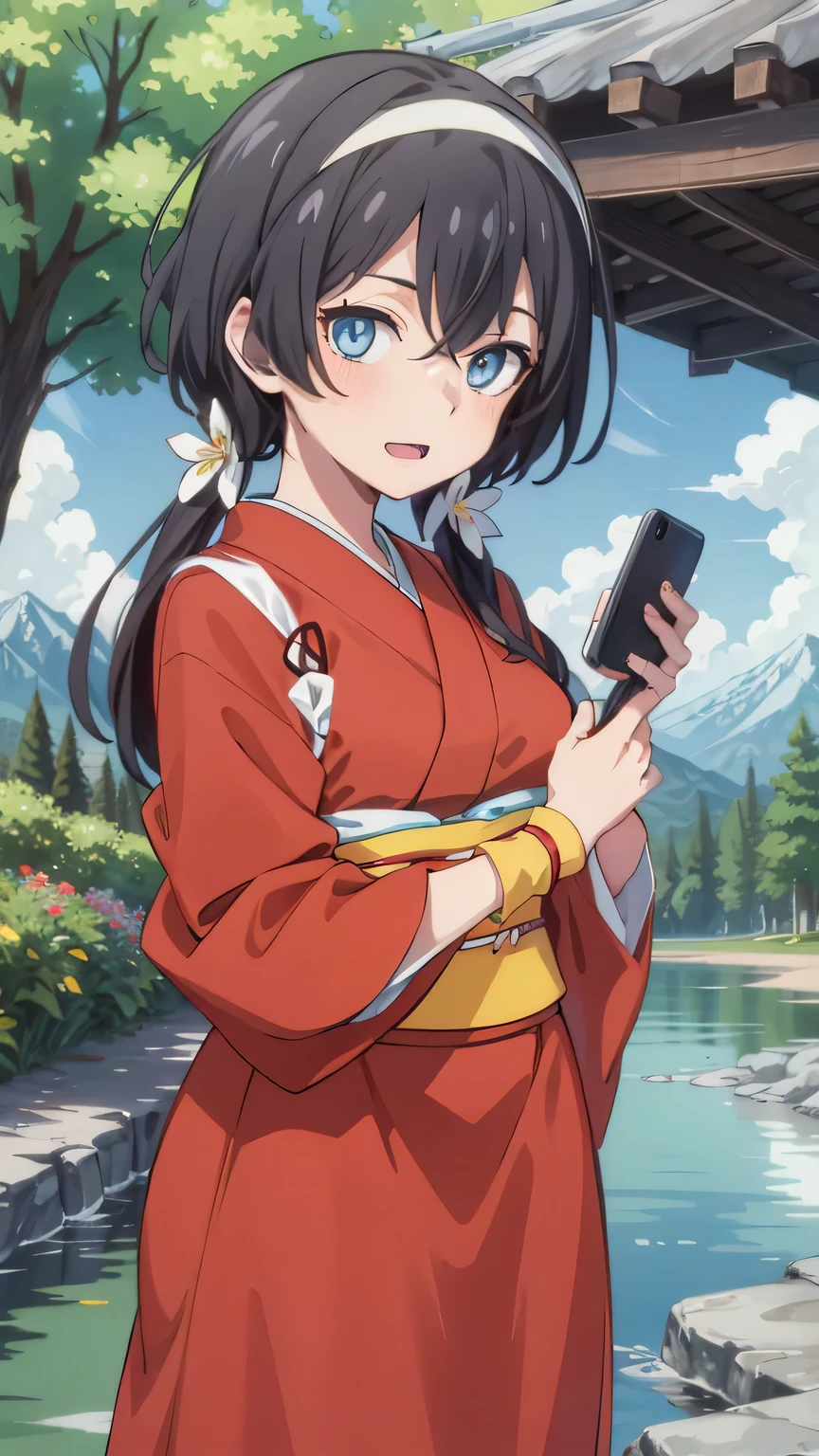{{{masterpiece}}}, (best quality:1.5), (ultra-detailed:1.5), {illustration}, {{an extremely delicate and beautiful}}, (beautiful detailed eyes:1.6), absurdres, highres, extremely detailed face, 16k, hd, visual anime de uma jovem mulher, extremamente bonito rosto de anime, anime melhor garota, (perfect hands, perfect anatomy), anime face, izumi kyouka(Bungou Stray Dogs), 1girl, solo, cute face, black hair, long hair, low twintails, white hair band, flower hair ornament, crossed bangs, sidelocks, blue eyes,(High resolution eyes, Beautiful eyes, Light in the eyes), medium breasts, big hips, curvaceous, BREAK, japanese clothes, (furisode:1.2), red kimono, red sleeves, long sleeves, wide sleeves, tasukikake, red arm cover, yellow wristband, yellow obi, long obi, flip phone strap, pencil skirt, red skirt, (maxi skirt:1.3), BREAK, cute face, open mouth, smiling, standing on the lake, outdoor, mountain, forest, flower garden, praying, mysterious