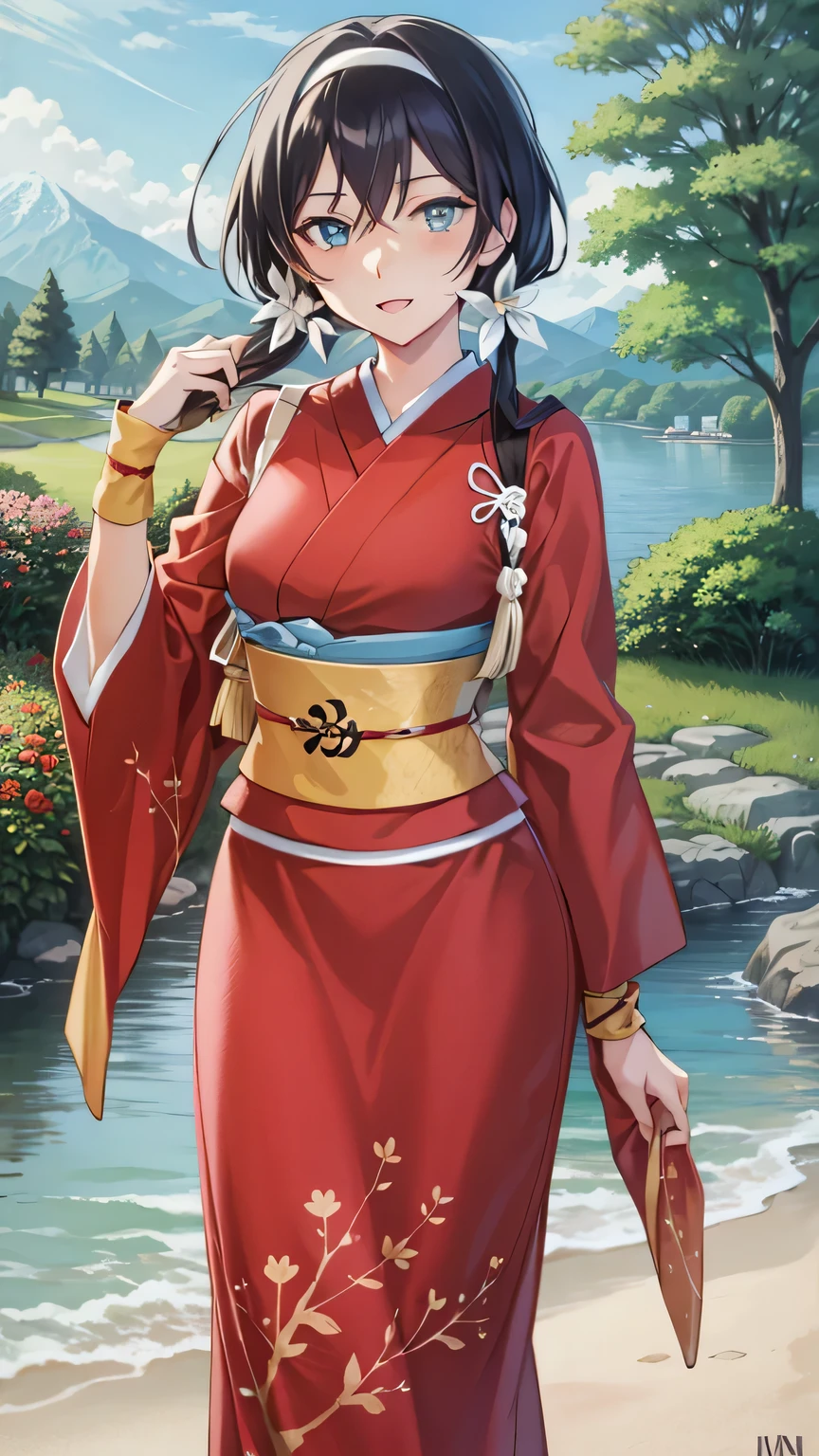 {{{masterpiece}}}, (best quality:1.5), (ultra-detailed:1.5), {illustration}, {{an extremely delicate and beautiful}}, (beautiful detailed eyes:1.6), absurdres, highres, extremely detailed face, 16k, hd, visual anime de uma jovem mulher, extremamente bonito rosto de anime, anime melhor garota, (perfect hands, perfect anatomy), anime face, izumi kyouka(Bungou Stray Dogs), 1girl, solo, cute face, black hair, long hair, low twintails, white hair band, flower hair ornament, crossed bangs, sidelocks, blue eyes,(High resolution eyes, Beautiful eyes, Light in the eyes), medium breasts, big hips, curvaceous, BREAK, japanese clothes, (furisode:1.2), red kimono, red sleeves, long sleeves, wide sleeves, tasukikake, red arm cover, yellow wristband, yellow obi, waist ribbon, back long obi, pencil skirt, red skirt, (maxi skirt:1.3), BREAK, cute face, open mouth, smiling, standing on the lake, outdoor, mountain, forest, flower garden, praying, mysterious