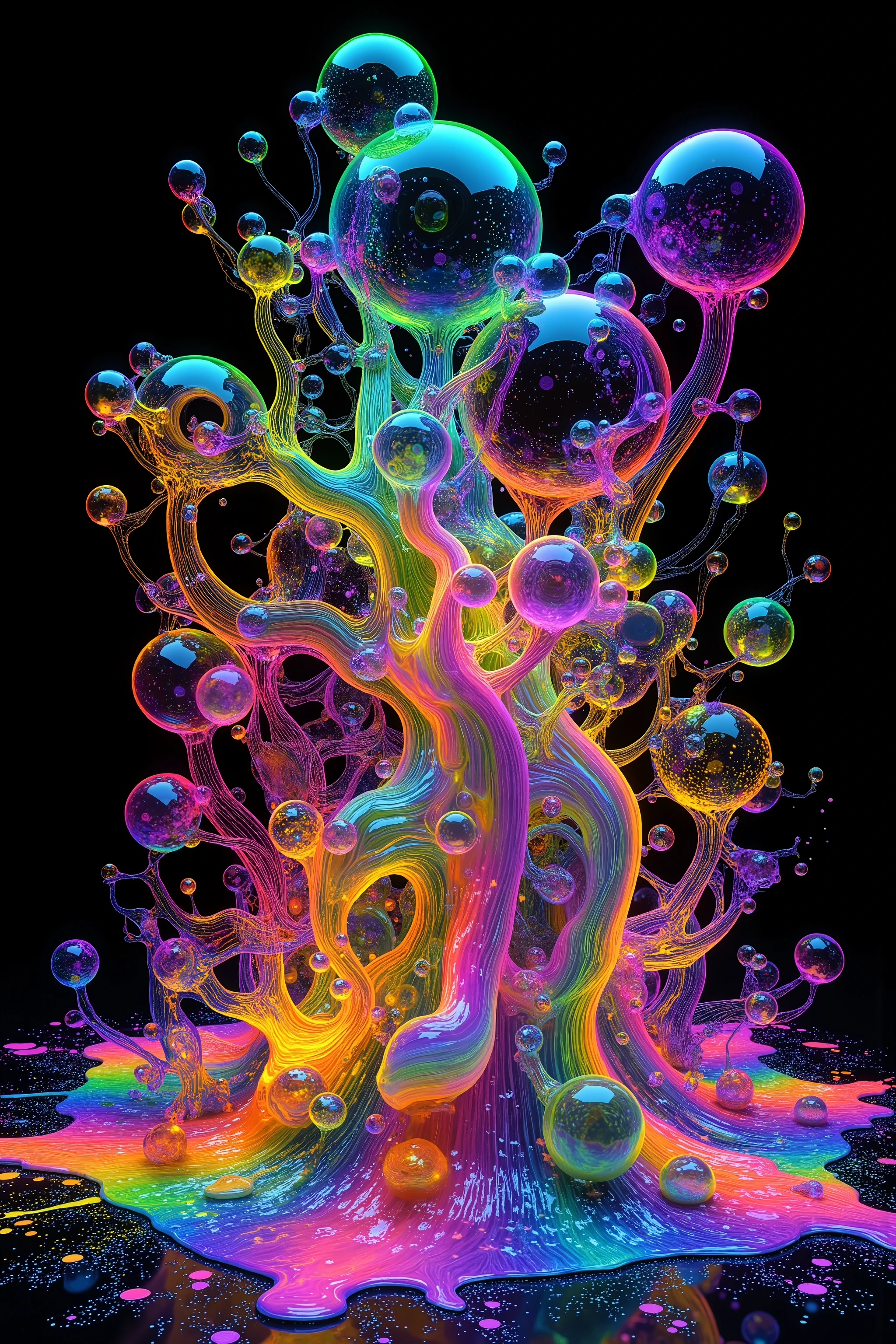 a psychedelic digital art,ultra-detailed vibrant fluorescent neon colors,intricate rainbow glass-like environment,shimmering glass bubbles morphing out of swirling colors,glowing light and reflection,4d mandelbulb psychedelic landscape,bright overexposed backlighting with depth of field,award winning masterpiece,pixel art,portrait photography,photorealistic,hyperdetailed,glass morphism,sparkle,optical illusion,rotational symmetry,best quality,8k,ultra-fine detailsWithin the black of the abyss, intense bright, colorful, perfectly symmetrical glass spheres containing the glowing light of acidzlime within the glass. Smaller glass orbs beneath that melt and drip vibrant colorful symetrical patterns that cover the ground and merge together in a quilt of intricate and complex designs. High fantasy, magical effects,Portrait photography, cinematic photography, photorealistic UHD, intricate, complex, attention to detail, optical illusions, unique patterns and designs, avant garde, masterpiece. Light is emerging from colors in a psychedelic dream, shimmering glass morphing out of colors, tripped out vibrant colors, perfectly formed beautiful reflective bubbles, attention to detail on the bubbles and spheres, beautiful psychedelic digital art, pixel art, trippy colors, 4d mandelbulb psychedelics, glass like psychedelic landscape, intricate rainbow environment, psychedelic underwater brightness, neon colors, bright colors, psychedelic trip, fluorescent psychedelic aesthetic, psychedelic vibrant colors, bright psychedelic neon colors, paint splattered backgrounds,swirling spirals and vortex, bright vibrant colors popping out from 3d glass spheres, Pixel Assets, Portrait photography, surrealism, Photorealistic, Hyperdetailed, Glass Morphism, Digital Art, Sparkle, Optical Illusion, Glowing Light, Reflection Light, Overexposure, Backlighting, Depth Of Field, Rotational Symmetry, UHD, High Details, High Quality, Super Detailed, Best Quality, Award Winning, Masterpiece.