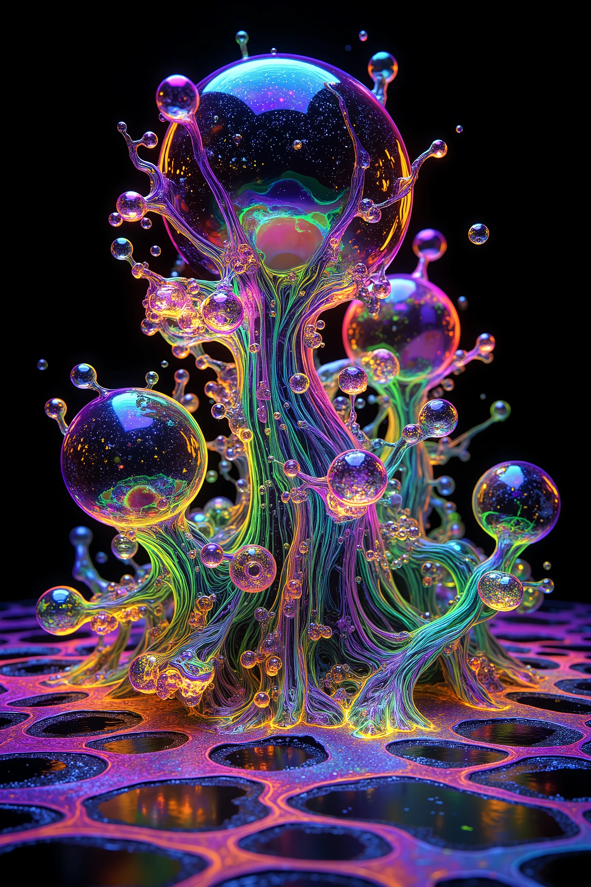 a psychedelic digital art,ultra-detailed vibrant fluorescent neon colors,intricate rainbow glass-like environment,shimmering glass bubbles morphing out of swirling colors,glowing light and reflection,4d mandelbulb psychedelic landscape,bright overexposed backlighting with depth of field,award winning masterpiece,pixel art,portrait photography,photorealistic,hyperdetailed,glass morphism,sparkle,optical illusion,rotational symmetry,best quality,8k,ultra-fine detailsWithin the black of the abyss, intense bright, colorful, perfectly symmetrical glass spheres containing the glowing light of acidzlime within the glass. Smaller glass orbs beneath that melt and drip vibrant colorful symetrical patterns that cover the ground and merge together in a quilt of intricate and complex designs. High fantasy, magical effects,Portrait photography, cinematic photography, photorealistic UHD, intricate, complex, attention to detail, optical illusions, unique patterns and designs, avant garde, masterpiece. Light is emerging from colors in a psychedelic dream, shimmering glass morphing out of colors, tripped out vibrant colors, perfectly formed beautiful reflective bubbles, attention to detail on the bubbles and spheres, beautiful psychedelic digital art, pixel art, trippy colors, 4d mandelbulb psychedelics, glass like psychedelic landscape, intricate rainbow environment, psychedelic underwater brightness, neon colors, bright  colors, psychedelic trip, fluorescent psychedelic aesthetic, psychedelic vibrant colors, bright psychedelic neon colors, paint splattered backgrounds,swirling spirals and vortex, bright vibrant colors popping out from 3d glass spheres, Pixel Assets, Portrait photography, surrealism, Photorealistic, Hyperdetailed, Glass Morphism, Digital Art, Sparkle, Optical Illusion, Glowing Light, Reflection Light, Overexposure, Backlighting, Depth Of Field, Rotational Symmetry, UHD, High Details, High Quality, Super Detailed, Best Quality, Award Winning, Masterpiece.   
