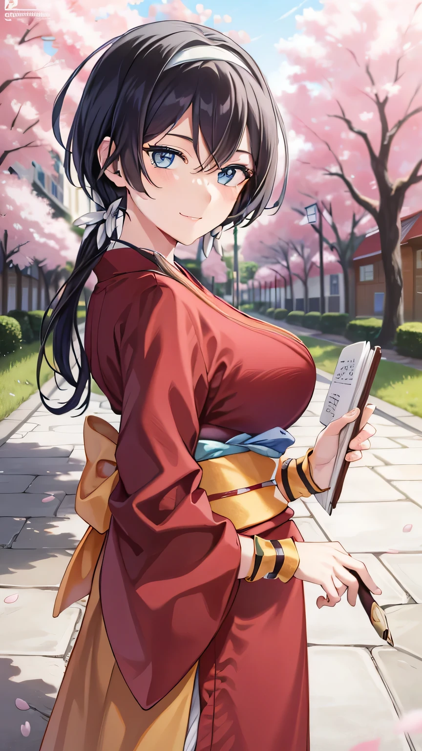 {{{masterpiece}}}, (best quality:1.5), (ultra-detailed:1.5), {illustration}, {{an extremely delicate and beautiful}}, (beautiful detailed eyes:1.6), absurdres, highres, extremely detailed face, 16k, hd, visual anime de uma jovem mulher, extremamente bonito rosto de anime, anime melhor garota, (perfect hands, perfect anatomy), anime face, izumi kyouka(Bungou Stray Dogs), 1girl, solo, cute face, black hair, long hair, low twintails, white hair band, flower hair ornament, crossed bangs, sidelocks, slender face, narrow chin, blue eyes,(High resolution eyes, Beautiful eyes, Light in the eyes), (big eyes:1.5), hair bra, medium breasts, big hips, curvaceous, BREAK, japanese clothes, (furisode:1.2), red kimono, red sleeves, long sleeves, wide sleeves, tasukikake, red arm cover, yellow wristband, yellow obi, back waist ribbon, long obi, pencil skirt, red skirt, BREAK, smile, outdoors, tree, falling petals, cherry blossoms, daytime, public park, under the sunlight, from below, sky