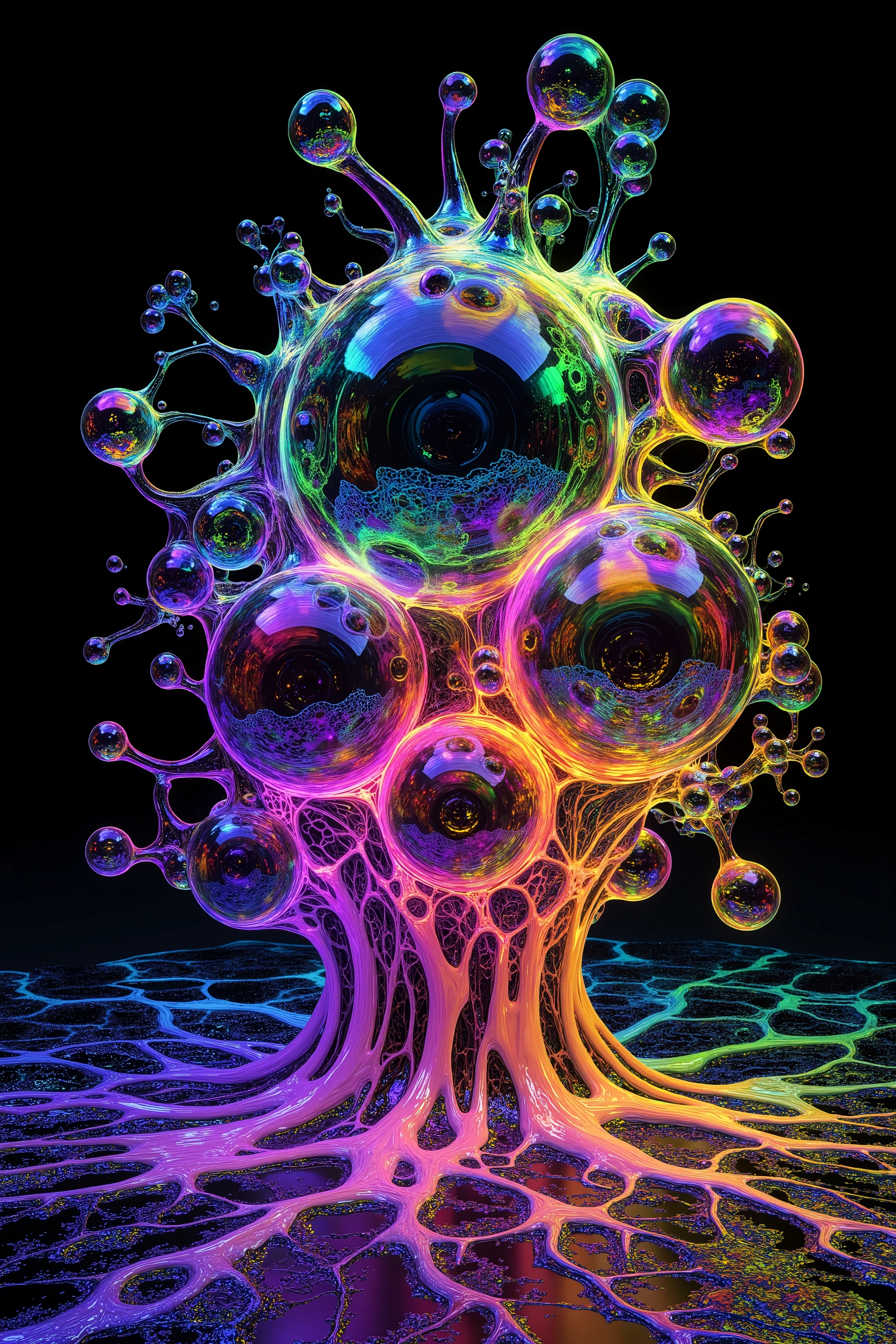 a psychedelic digital art,ultra-detailed vibrant fluorescent neon colors,intricate rainbow glass-like environment,shimmering glass bubbles morphing out of swirling colors,glowing light and reflection,4d mandelbulb psychedelic landscape,bright overexposed backlighting with depth of field,award winning masterpiece,pixel art,portrait photography,photorealistic,hyperdetailed,glass morphism,sparkle,optical illusion,rotational symmetry,best quality,8k,ultra-fine detailsWithin the black of the abyss, intense bright, colorful, perfectly symmetrical glass spheres containing the glowing light of acidzlime within the glass. Smaller glass orbs beneath that melt and drip vibrant colorful symetrical patterns that cover the ground and merge together in a quilt of intricate and complex designs. High fantasy, magical effects,Portrait photography, cinematic photography, photorealistic UHD, intricate, complex, attention to detail, optical illusions, unique patterns and designs, avant garde, masterpiece. Light is emerging from colors in a psychedelic dream, shimmering glass morphing out of colors, tripped out vibrant colors, perfectly formed beautiful reflective bubbles, attention to detail on the bubbles and spheres, beautiful psychedelic digital art, pixel art, trippy colors, 4d mandelbulb psychedelics, glass like psychedelic landscape, intricate rainbow environment, psychedelic underwater brightness, neon colors, bright colors, psychedelic trip, fluorescent psychedelic aesthetic, psychedelic vibrant colors, bright psychedelic neon colors, paint splattered backgrounds,swirling spirals and vortex, bright vibrant colors popping out from 3d glass spheres, Pixel Assets, Portrait photography, surrealism, Photorealistic, Hyperdetailed, Glass Morphism, Digital Art, Sparkle, Optical Illusion, Glowing Light, Reflection Light, Overexposure, Backlighting, Depth Of Field, Rotational Symmetry, UHD, High Details, High Quality, Super Detailed, Best Quality, Award Winning, Masterpiece.