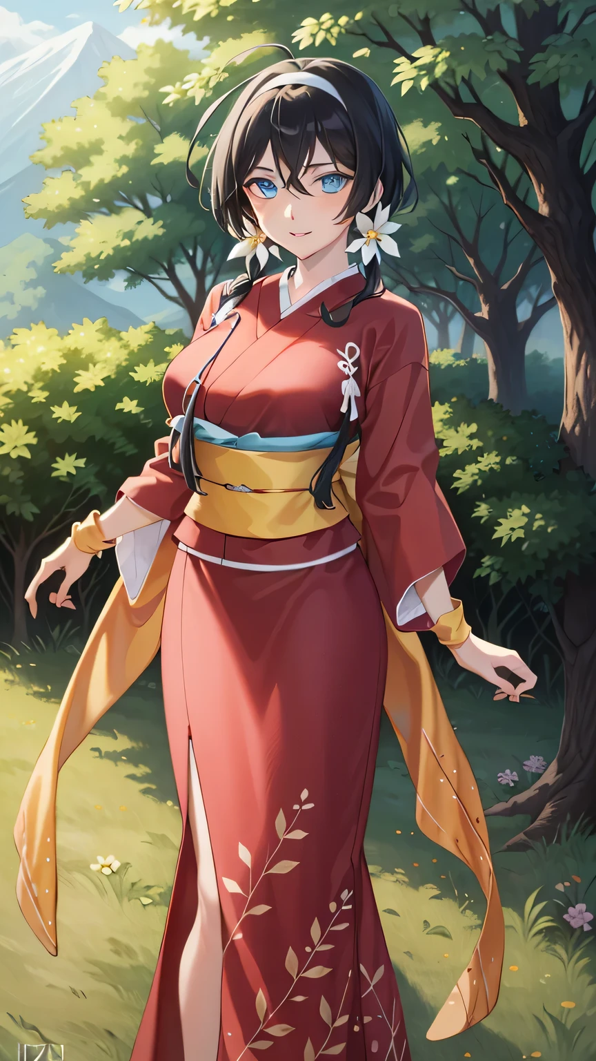 {{{masterpiece}}}, (best quality:1.5), (ultra-detailed:1.5), {illustration}, {{an extremely delicate and beautiful}}, (beautiful detailed eyes:1.6), absurdres, highres, extremely detailed face, 16k, hd, visual anime de uma jovem mulher, extremamente bonito rosto de anime, anime melhor garota, (perfect hands, perfect anatomy), anime face, izumi kyouka(Bungou Stray Dogs), 1girl, solo, cute face, black hair, very long hair, low twintails, white hair band, flower hair ornament, crossed bangs, sidelocks, slender face, narrow chin, sharp eyes, blue eyes,(High resolution eyes, Beautiful eyes, Light in the eyes), (big eyes:1.5), hair bra, medium breasts, big hips, curvaceous, BREAK, japanese clothes, (furisode:1.2), red kimono, red sleeves, long sleeves, wide sleeves, tasukikake, red arm cover, yellow wristband, yellow obi, back waist ribbon, long obi, pencil skirt, red skirt, BREAK, smiling, looking at viewer, open mouth, flushed cheeks, (bust shot:1.3), outdoor, mountain, daytime, forest, flower garden, field, medium close-up shot