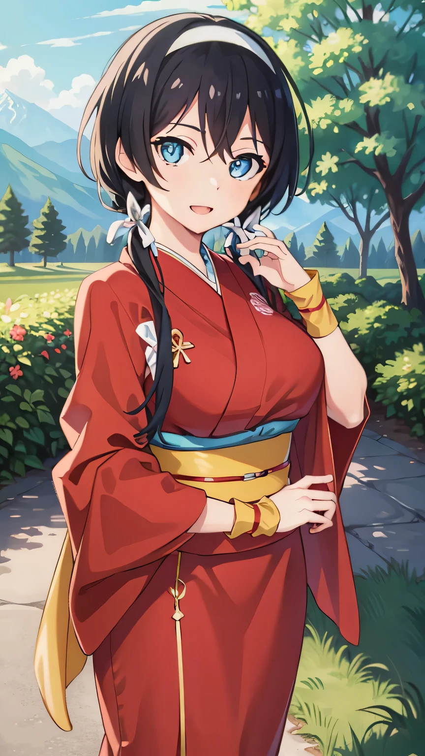 {{{masterpiece}}}, (best quality:1.5), (ultra-detailed:1.5), {illustration}, {{an extremely delicate and beautiful}}, (beautiful detailed eyes:1.6), absurdres, highres, extremely detailed face, 16k, hd, visual anime de uma jovem mulher, extremamente bonito rosto de anime, anime melhor garota, (perfect hands, perfect anatomy), anime face, izumi kyouka(Bungou Stray Dogs), 1girl, solo, cute face, black hair, very long hair, low twintails, white hair band, flower hair ornament, crossed bangs, sidelocks, slender face, narrow chin, sharp eyes, blue eyes,(High resolution eyes, Beautiful eyes, Light in the eyes), (big eyes:1.5), hair bra, medium breasts, big hips, curvaceous, BREAK, japanese clothes, (furisode:1.2), red kimono, red sleeves, long sleeves, wide sleeves, tasukikake, red arm cover, yellow wristband, yellow obi, back waist ribbon, long ribbon, pencil skirt, red skirt, BREAK, smiling, looking at viewer, open mouth, flushed cheeks, (bust shot:1.3), outdoor, mountain, daytime, forest, flower garden, field, medium close-up shot, from front