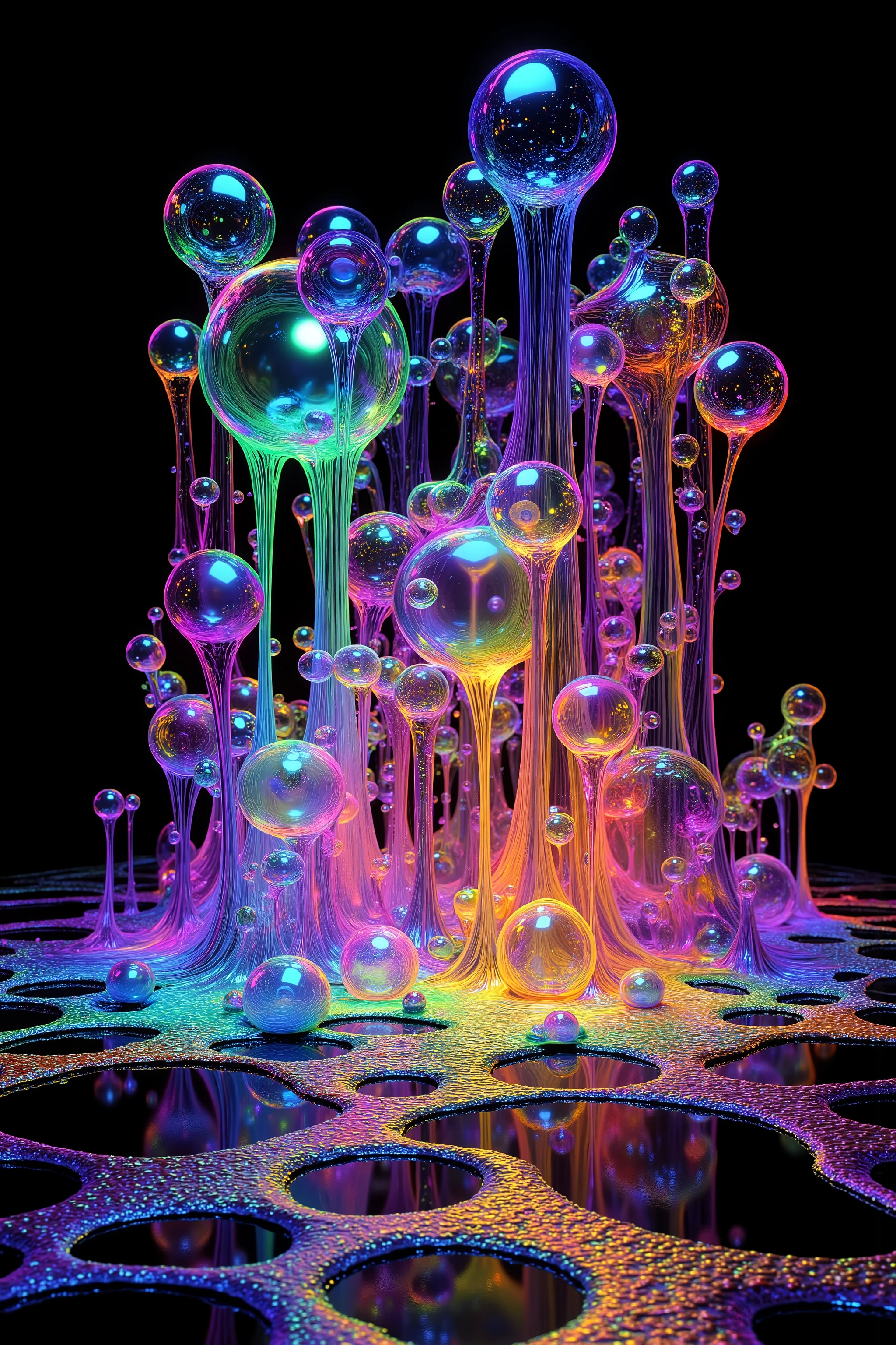 a psychedelic digital art,ultra-detailed vibrant fluorescent neon colors,intricate rainbow glass-like environment,shimmering glass bubbles morphing out of swirling colors,glowing light and reflection,4d mandelbulb psychedelic landscape,bright overexposed backlighting with depth of field,award winning masterpiece,pixel art,portrait photography,photorealistic,hyperdetailed,glass morphism,sparkle,optical illusion,rotational symmetry,best quality,8k,ultra-fine detailsWithin the black of the abyss, intense bright, colorful, perfectly symmetrical glass spheres containing the glowing light of acidzlime within the glass. Smaller glass orbs beneath that melt and drip vibrant colorful symetrical patterns that cover the ground and merge together in a quilt of intricate and complex designs. High fantasy, magical effects,Portrait photography, cinematic photography, photorealistic UHD, intricate, complex, attention to detail, optical illusions, unique patterns and designs, avant garde, masterpiece. Light is emerging from colors in a psychedelic dream, shimmering glass morphing out of colors, tripped out vibrant colors, perfectly formed beautiful reflective bubbles, attention to detail on the bubbles and spheres, beautiful psychedelic digital art, pixel art, trippy colors, 4d mandelbulb psychedelics, glass like psychedelic landscape, intricate rainbow environment, psychedelic underwater brightness, neon colors, bright  colors, psychedelic trip, fluorescent psychedelic aesthetic, psychedelic vibrant colors, bright psychedelic neon colors, paint splattered backgrounds,swirling spirals and vortex, bright vibrant colors popping out from 3d glass spheres, Pixel Assets, Portrait photography, surrealism, Photorealistic, Hyperdetailed, Glass Morphism, Digital Art, Sparkle, Optical Illusion, Glowing Light, Reflection Light, Overexposure, Backlighting, Depth Of Field, Rotational Symmetry, UHD, High Details, High Quality, Super Detailed, Best Quality, Award Winning, Masterpiece.   