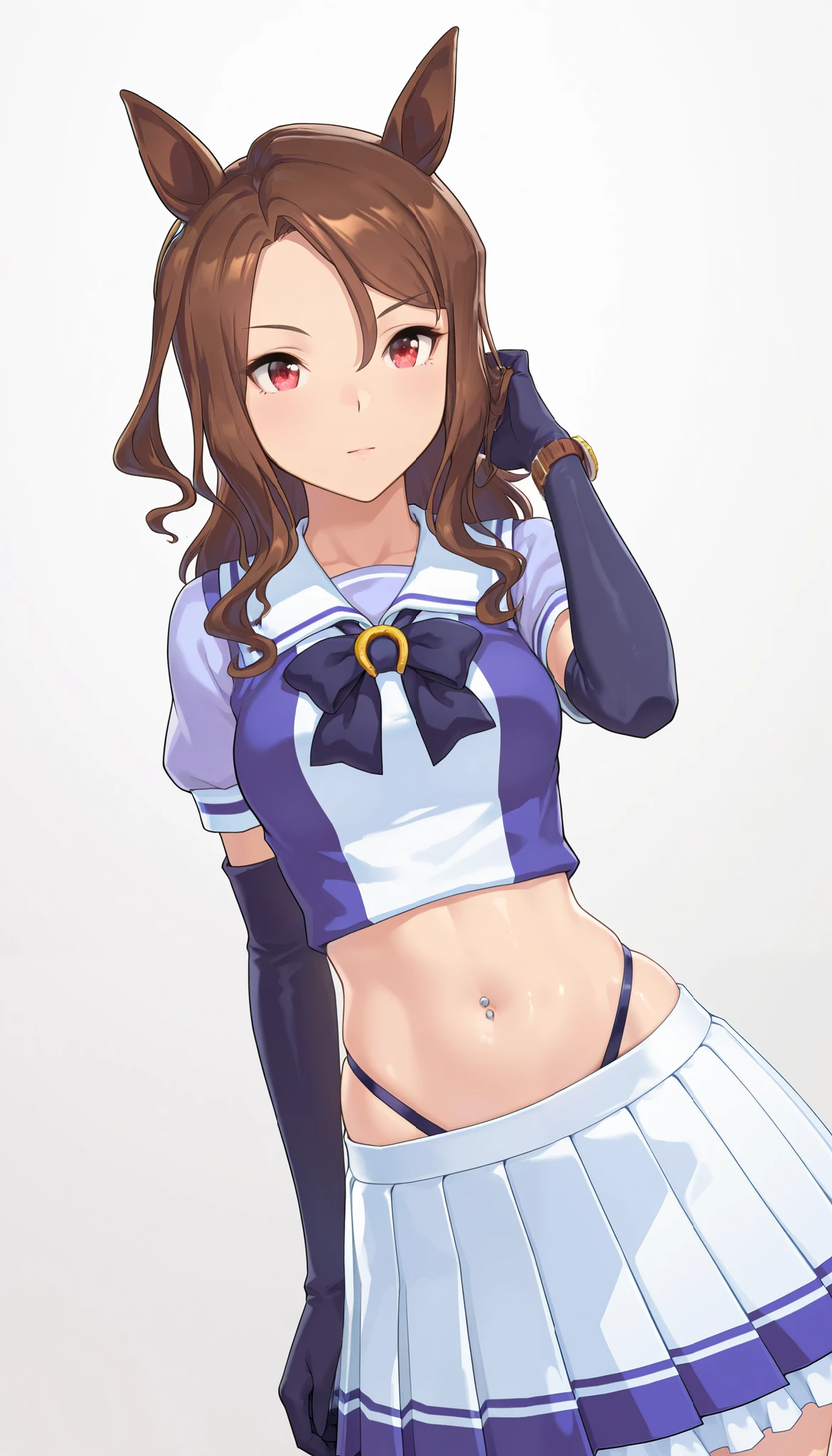 ( masterpiece), (TOP QUALITY), (Ultra High Definition), great quality, very aesthetic, 's illustration , perfect configuration, intricate details, is ridiculous, incredibly is ridiculous, shiny skin that is creating, realistic, , King Halo (Uma Musume), 1 girl, horse ears, Mahogany, watch viewers, school uniform,, bow tie,Chest,eyeliner, long hair,big hips, elbow gloves , Hand in Hair, piercing above spo,belly button,earrings, Floral ,high leg thong, skirt、15-year-old girl