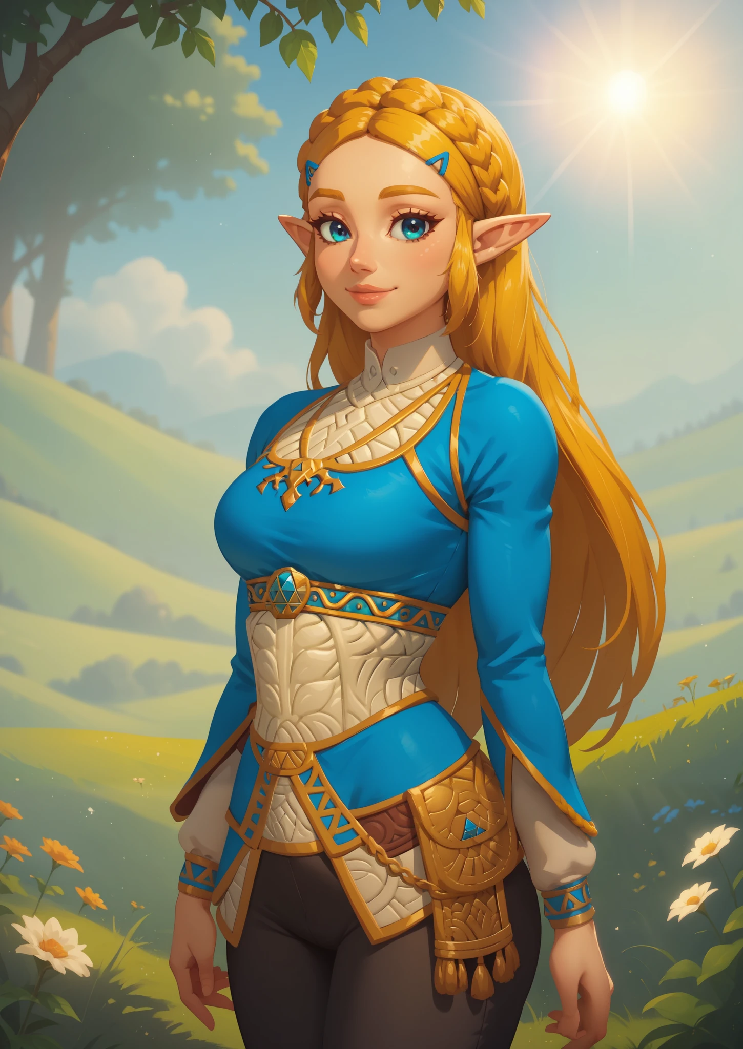 ((princess zelda)), ((botw style)), ((masterpiece)), ((high resolution)), ((solo portrait)), {(attractive figure), (slim waist), (beautiful legs), (yellow braided hair), (pointed elf ears), (cute blue eyes), (long eyelashes), (lush lips), (cute smile)}, {(breath of the wild outfit), (blue and white shirt), (long sleeves), (cleavage), (tight black pants)}, {(standing), (looking at viewer)}, ((plains)), ((sun rays))