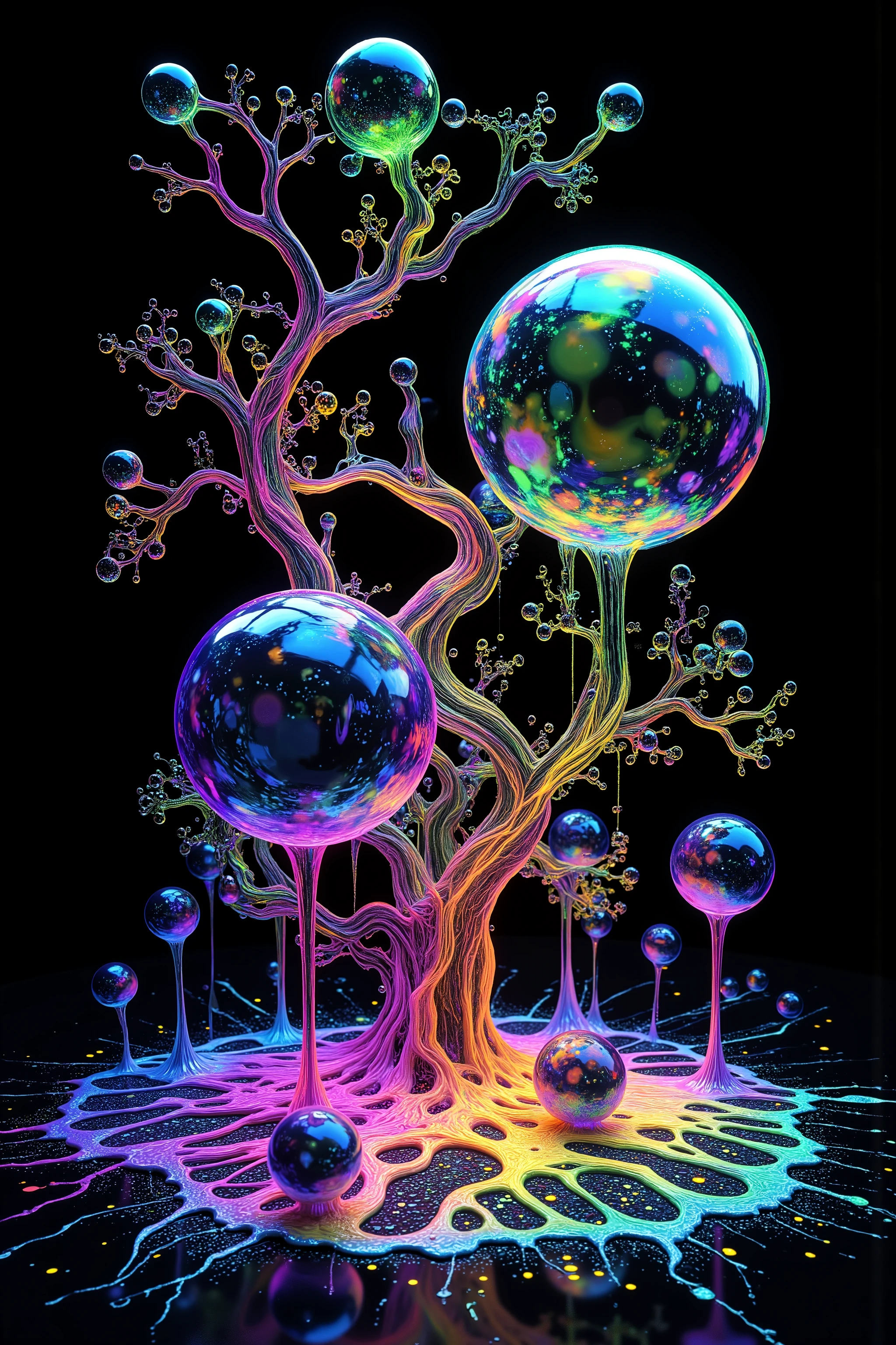 a psychedelic digital art,ultra-detailed vibrant fluorescent neon colors,intricate rainbow glass-like environment,shimmering glass bubbles morphing out of swirling colors,glowing light and reflection,4d mandelbulb psychedelic landscape,bright overexposed backlighting with depth of field,award winning masterpiece,pixel art,portrait photography,photorealistic,hyperdetailed,glass morphism,sparkle,optical illusion,rotational symmetry,best quality,8k,ultra-fine detailsWithin the black of the abyss, intense bright, colorful, perfectly symmetrical glass spheres containing the glowing light of acidzlime within the glass. Smaller glass orbs beneath that melt and drip vibrant colorful symetrical patterns that cover the ground and merge together in a quilt of intricate and complex designs. High fantasy, magical effects,Portrait photography, cinematic photography, photorealistic UHD, intricate, complex, attention to detail, optical illusions, unique patterns and designs, avant garde, masterpiece. Light is emerging from colors in a psychedelic dream, shimmering glass morphing out of colors, tripped out vibrant colors, perfectly formed beautiful reflective bubbles, attention to detail on the bubbles and spheres, beautiful psychedelic digital art, pixel art, trippy colors, 4d mandelbulb psychedelics, glass like psychedelic landscape, intricate rainbow environment, psychedelic underwater brightness, neon colors, bright colors, psychedelic trip, fluorescent psychedelic aesthetic, psychedelic vibrant colors, bright psychedelic neon colors, paint splattered backgrounds,swirling spirals and vortex, bright vibrant colors popping out from 3d glass spheres, Pixel Assets, Portrait photography, surrealism, Photorealistic, Hyperdetailed, Glass Morphism, Digital Art, Sparkle, Optical Illusion, Glowing Light, Reflection Light, Overexposure, Backlighting, Depth Of Field, Rotational Symmetry, UHD, High Details, High Quality, Super Detailed, Best Quality, Award Winning, Masterpiece.