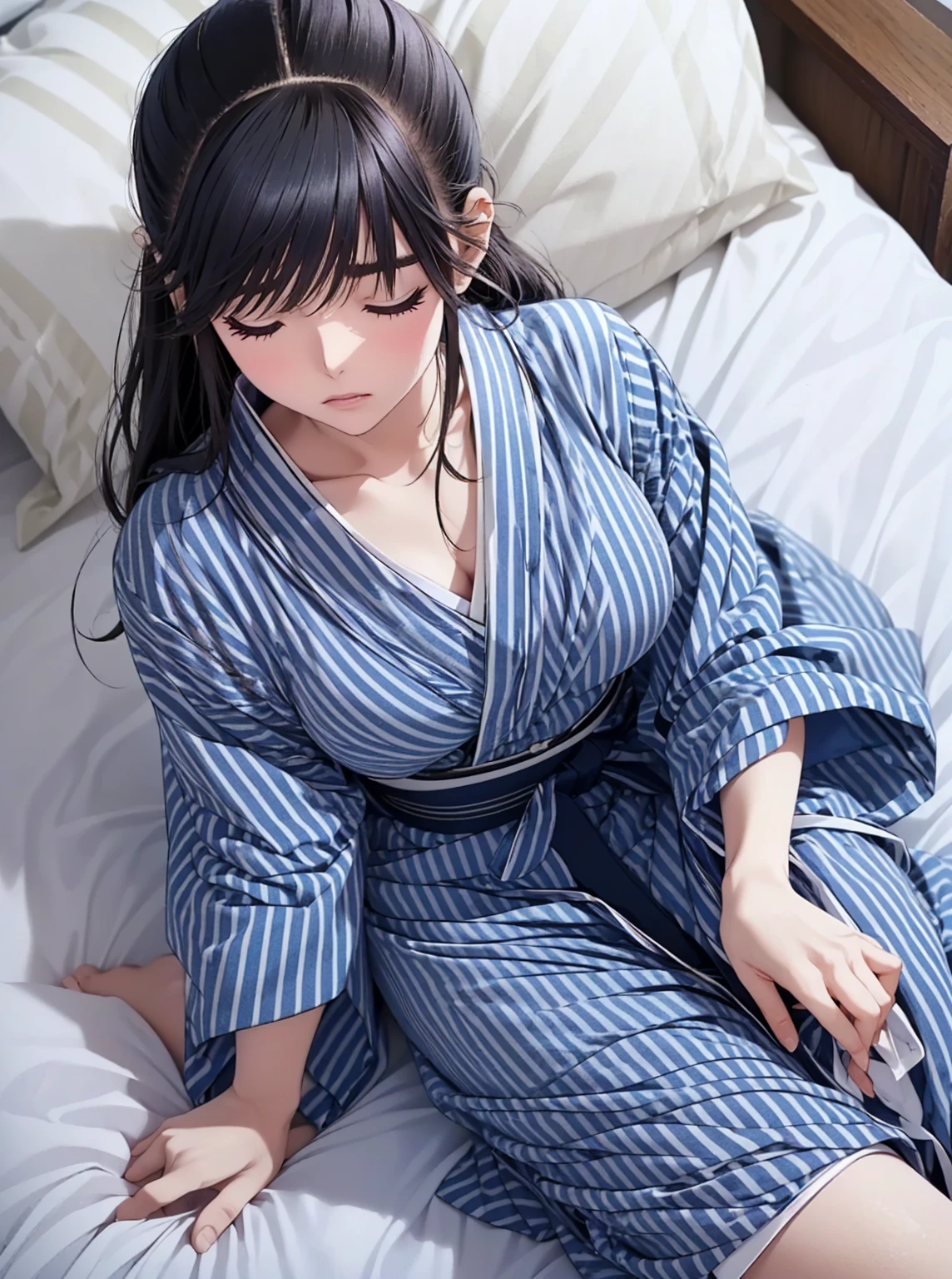 closed eyes: (narrowed eyes:1.3):11、on stomach, lying
Realistic, real person, (pale skin: 1.2), RAW photo, photorealistic, shiny skin, shiny hair、
(A 25-year-old woman with straight hair and bangs) and (medium hair) and (black hair) and (purple eyes) ,
(purple) and (yukata),Cleavage、blush,The background is a futon at night