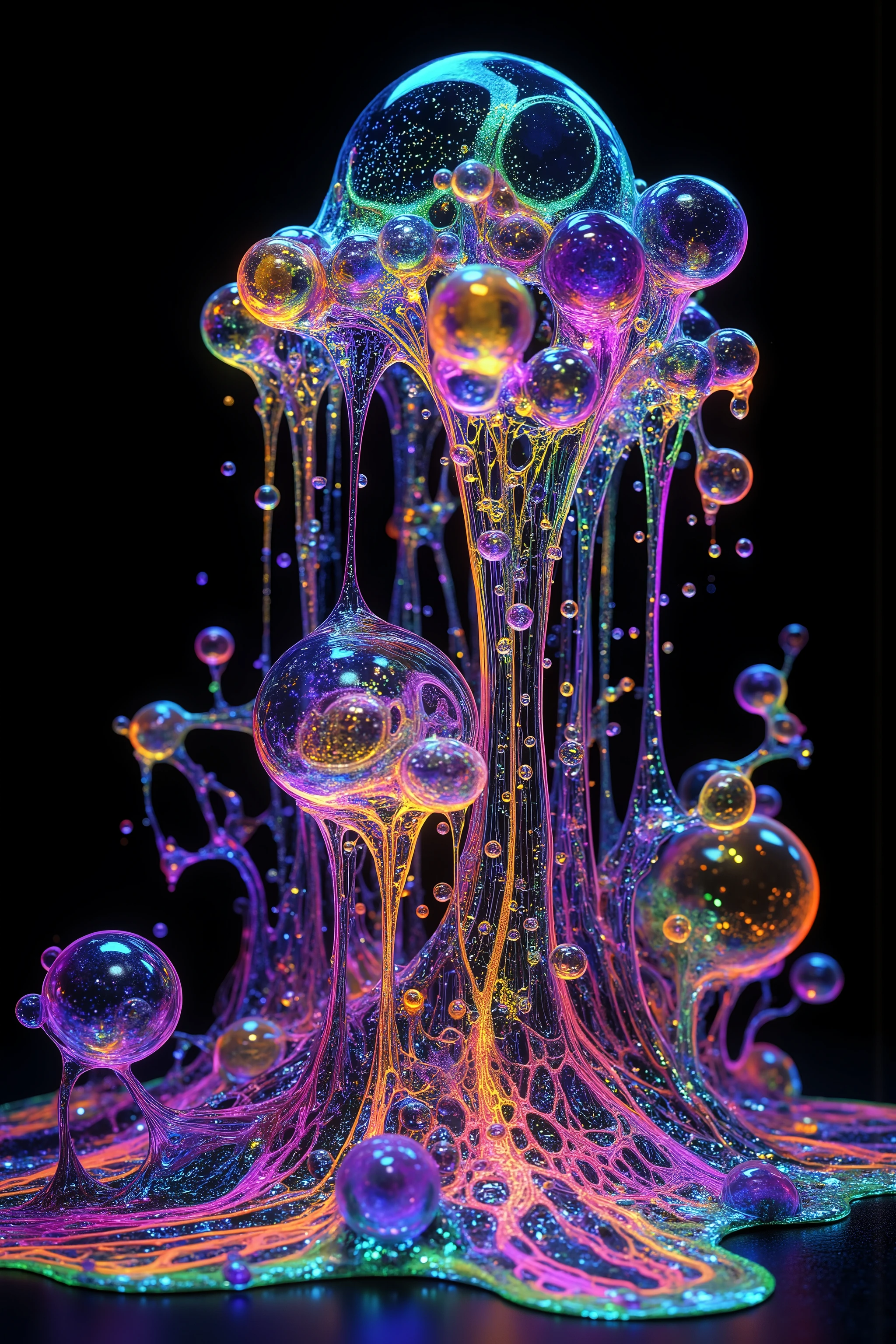 a psychedelic digital art,ultra-detailed vibrant fluorescent neon colors,intricate rainbow glass-like environment,shimmering glass bubbles morphing out of swirling colors,glowing light and reflection,4d mandelbulb psychedelic landscape,bright overexposed backlighting with depth of field,award winning masterpiece,pixel art,portrait photography,photorealistic,hyperdetailed,glass morphism,sparkle,optical illusion,rotational symmetry,best quality,8k,ultra-fine detailsWithin the black of the abyss, intense bright, colorful, perfectly symmetrical glass spheres containing the glowing light of acidzlime within the glass. Smaller glass orbs beneath that melt and drip vibrant colorful symetrical patterns that cover the ground and merge together in a quilt of intricate and complex designs. High fantasy, magical effects,Portrait photography, cinematic photography, photorealistic UHD, intricate, complex, attention to detail, optical illusions, unique patterns and designs, avant garde, masterpiece. Light is emerging from colors in a psychedelic dream, shimmering glass morphing out of colors, tripped out vibrant colors, perfectly formed beautiful reflective bubbles, attention to detail on the bubbles and spheres, beautiful psychedelic digital art, pixel art, trippy colors, 4d mandelbulb psychedelics, glass like psychedelic landscape, intricate rainbow environment, psychedelic underwater brightness, neon colors, bright  colors, psychedelic trip, fluorescent psychedelic aesthetic, psychedelic vibrant colors, bright psychedelic neon colors, paint splattered backgrounds,swirling spirals and vortex, bright vibrant colors popping out from 3d glass spheres, Pixel Assets, Portrait photography, surrealism, Photorealistic, Hyperdetailed, Glass Morphism, Digital Art, Sparkle, Optical Illusion, Glowing Light, Reflection Light, Overexposure, Backlighting, Depth Of Field, Rotational Symmetry, UHD, High Details, High Quality, Super Detailed, Best Quality, Award Winning, Masterpiece.   