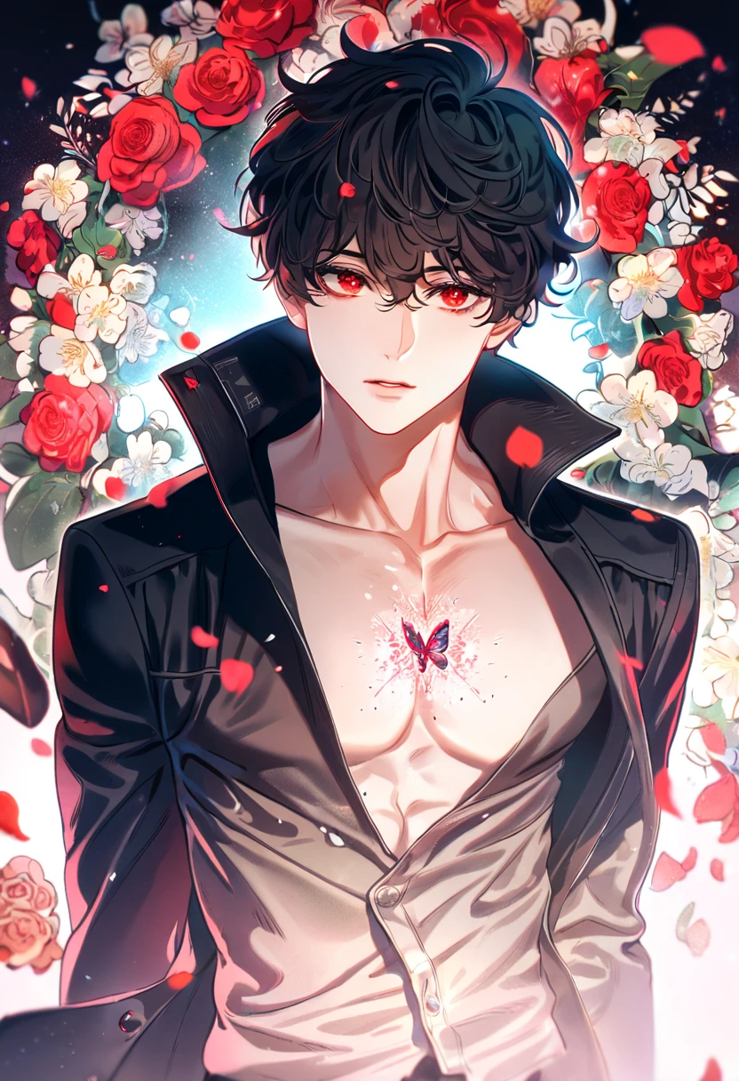 (absurdres, highres, ultra detailed, HDR) master piece, best quality, perfect face, delicated features, Han Yoohyun, black messy hair, short hair, expressive red eyes, The S Classes That I Raised, solo, sexy man, handsome, toned chest, black coat, black tight shirt, magical, petals, flowers, butterflies