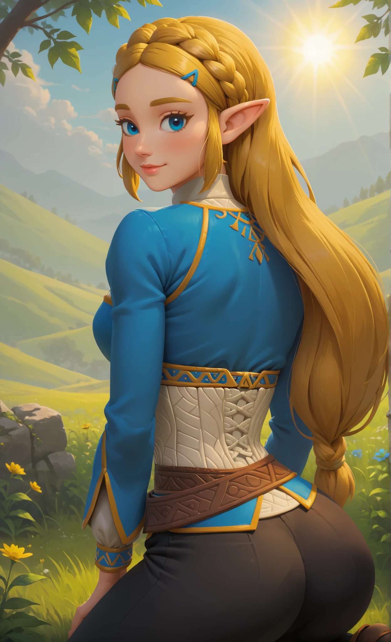 ((princess zelda)), ((botw style)), ((masterpiece)), ((high resolution)), ((solo portrait)), ((back view)), {(attractive figure), (slim waist), (wide hips), (beautiful legs), (yellow braided hair), (pointed elf ears), (cute blue eyes), (long eyelashes), (lush lips), (shy smile)}, {(breath of the wild outfit), (blue shirt), (long sleeves), (white corset), (brown belt), (black pants)}, {(kneeling), (looking back at viewer)}, ((plains)), ((sun rays))