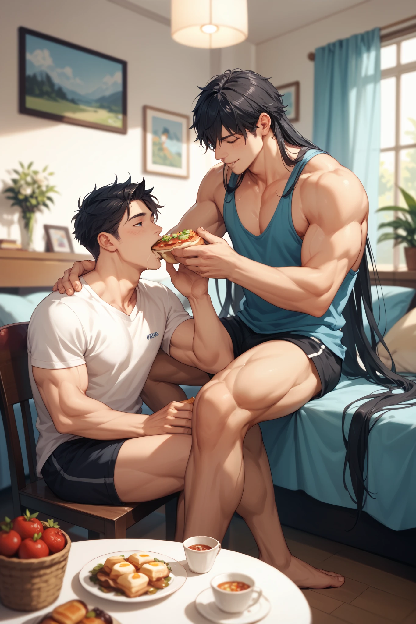 topquality, 2man eating breakfast together, man, (short black hair), and another man (very long black hair), eating in dining room, muscular, absurdres, sitting, ultradetail, Masterpiece, couple, 2 separate meals