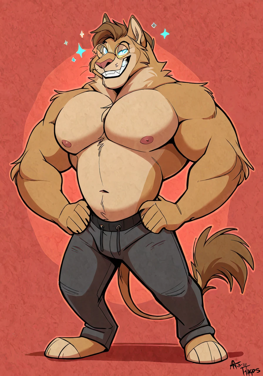 (masterpiece, 4K, ultra detailed), lion furry, masculine, athletic, lean, shirtless, illustration, simple colors, white background, cute, soft smile, happy, single, red hair, short elegant haircut, red pubic hair, anime, teenage, brown eyes, soft penis