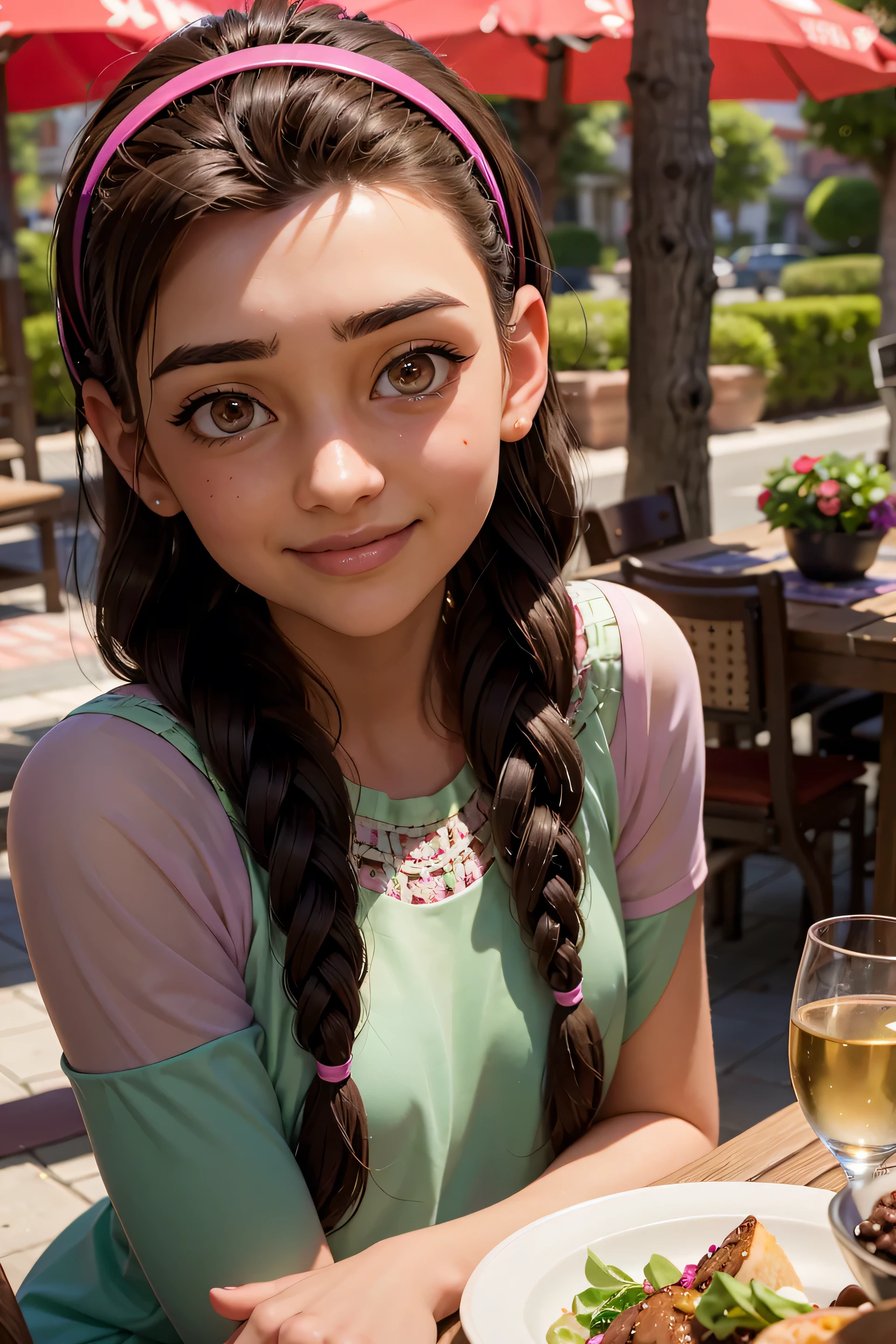 An impressive and intricate full color portrait, Ultra-HD a girl, brown hair with 2 braids, brown eyes, pink headband, detailed face, dressed in a red dress, no logos, epic character composition, alessio albi, nina masic, sharp focus, natural lighting, subsurface dispersion, f2, 35mm, (date in a restraunt), romantic date, smiling with teeth, happy face, table with dinner and flowers, ultra-realistic.