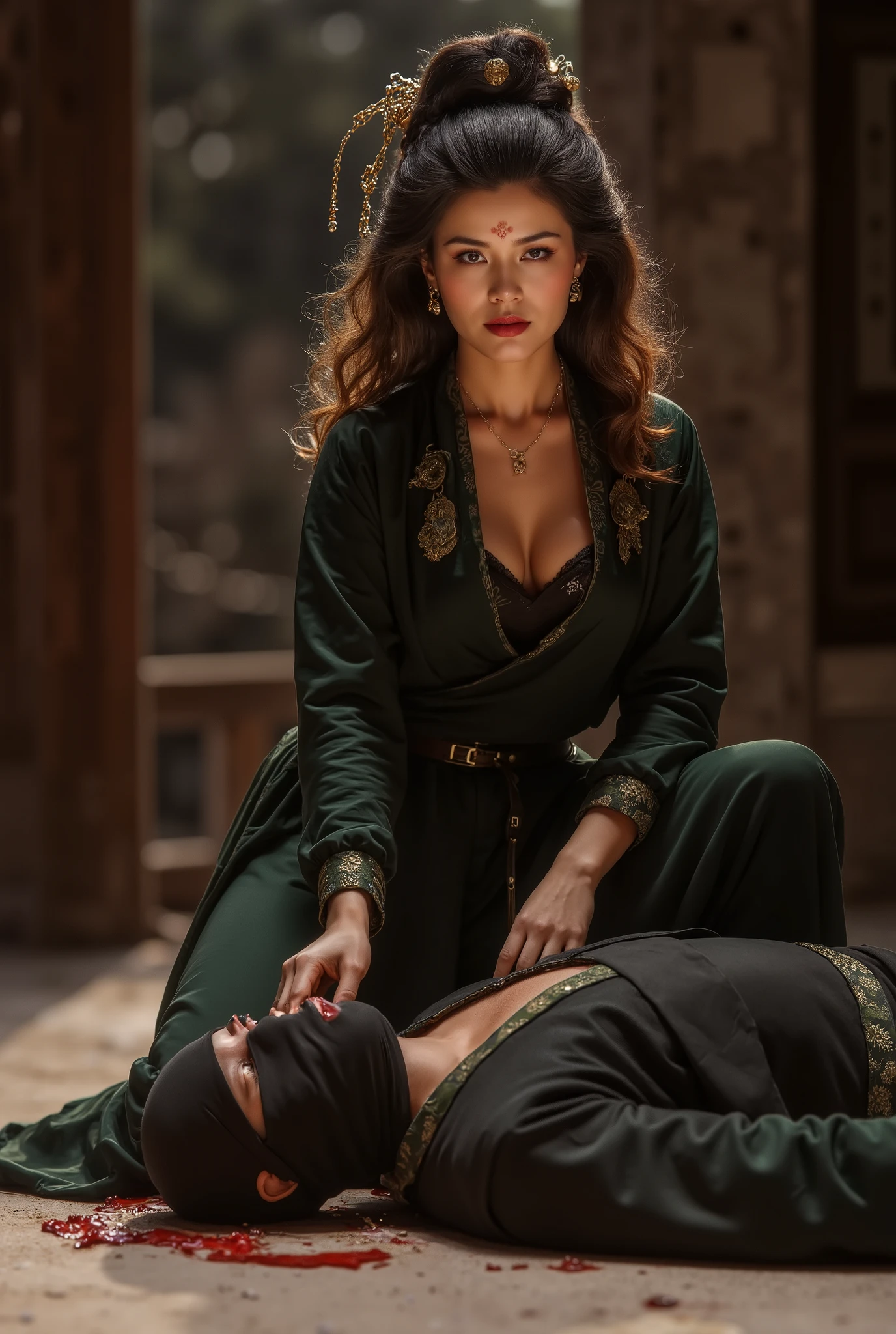 Very beautiful woman, woman 50-55 year old, woman very thick hair, Woman cut throat ninja, boy ninja, boy dead, woman stabs boy in the throat, Fresh blood flowed down in boy throat,  very big breast woman, boy full face mask