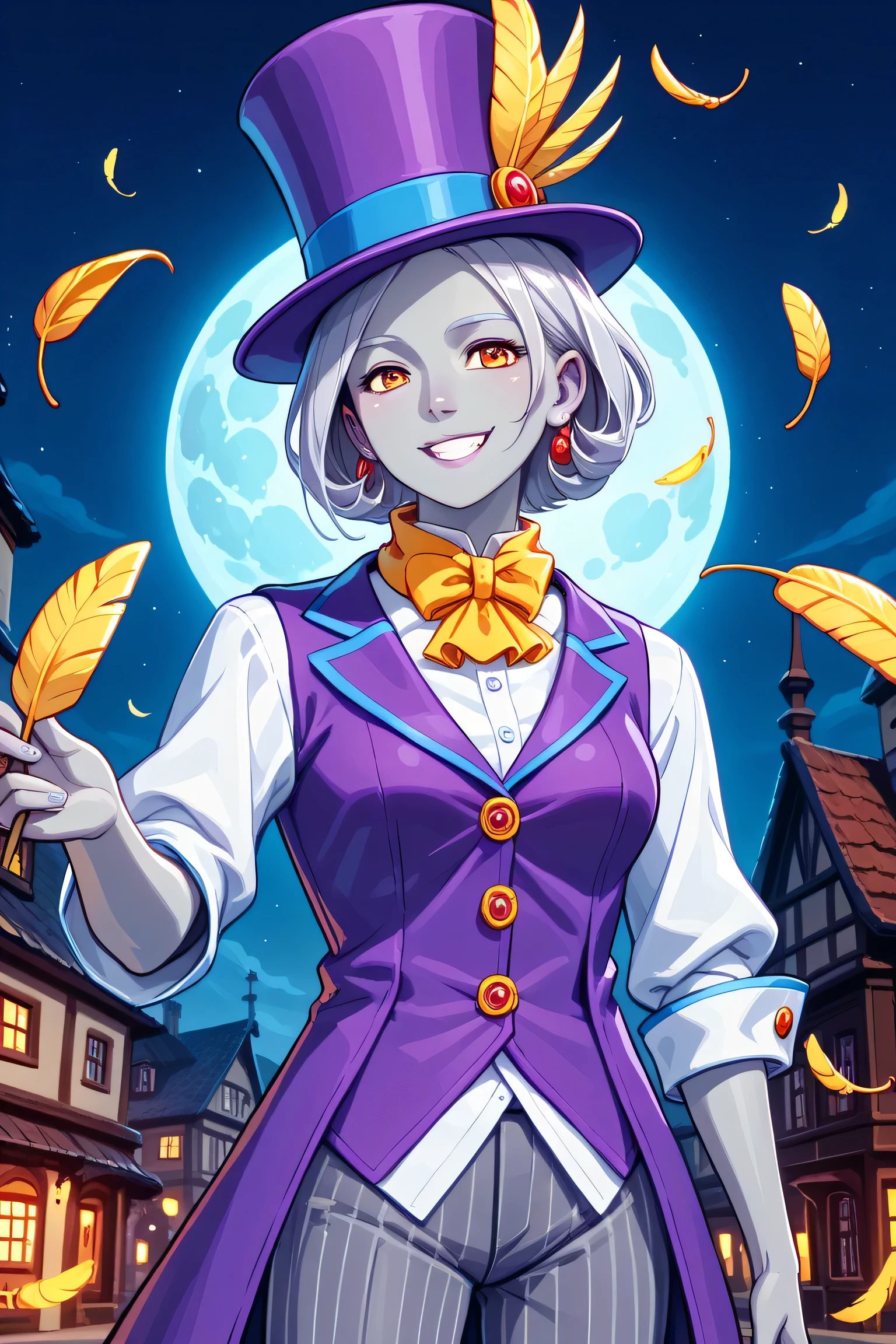 earth genasi, solo, female, grey skin, short silver hair, (wearing a large purple silk top hat, magicians hat, yellow feather hat decoration), (wearing purple vest with a ruffled colonial white shirt underneath), (yellow ruffled neck collar), top hat fit snuggly, ((wearing grey pinstripe colonial trousers)), magicians attire, beautiful body, dazzling, (playful, seductive, smiling) , (holding a small wooden magician's wand in her right hand), ((performing in a village square near the coast)), night scene, colonial style buildings, full moon in sky, dungeons and dragons, fantasy art,