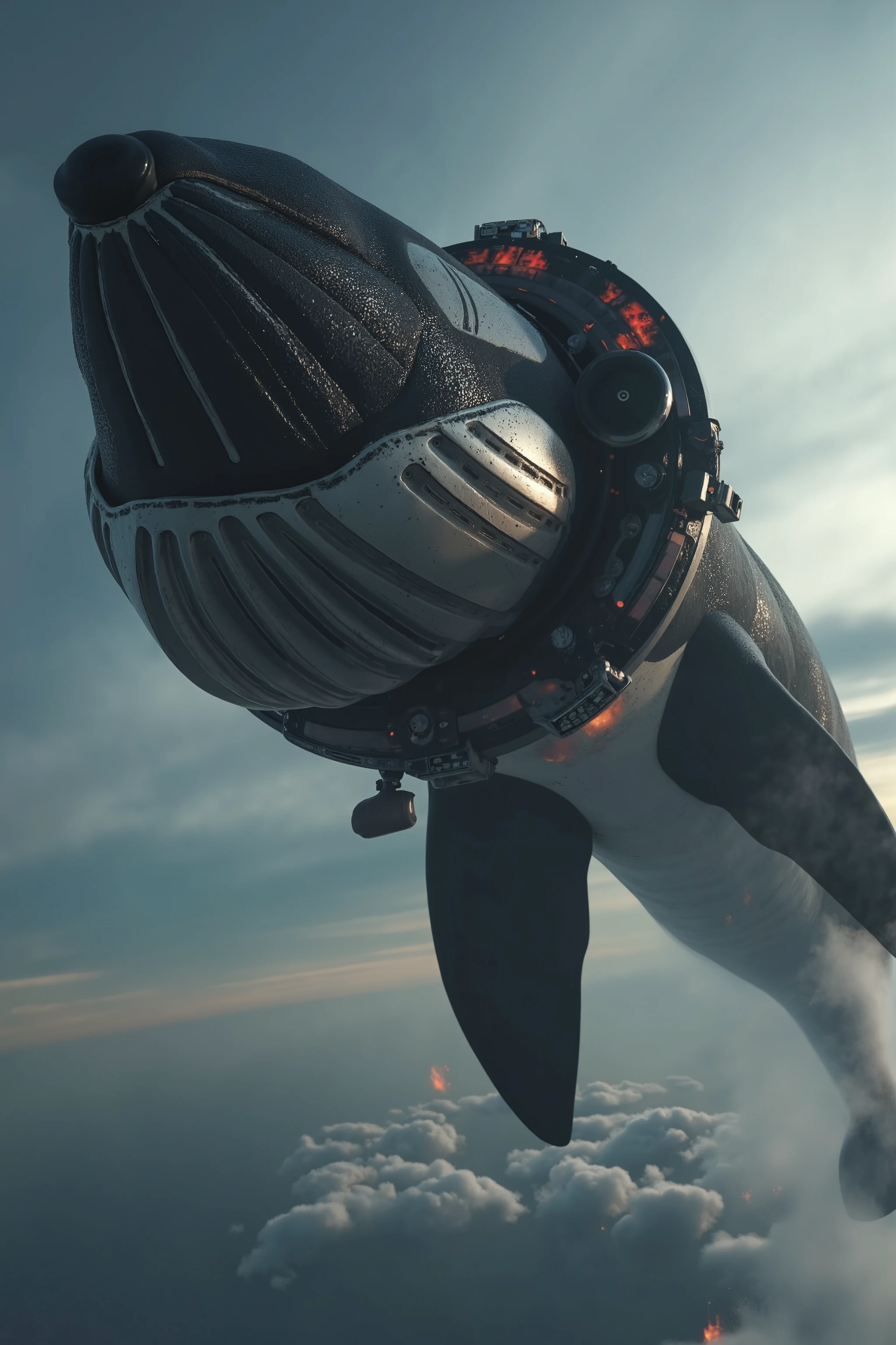 A gigantic orca whale with a large Dangerous Killer rotary propeller engine on the orca whales nose spinning the propeller blades extremely fast rotating speeding up the Propeller Blurring Revving emitting fire with black diesel smoke from the orca whales fin on the top of the whale Revving Like an exhaust pipe doing a burnout on the road Extremely fast begins Soaring up to the sky like an airship, ray tracing, UHD, 16k, DSLR, masterpiece, photorealistic, award-winning