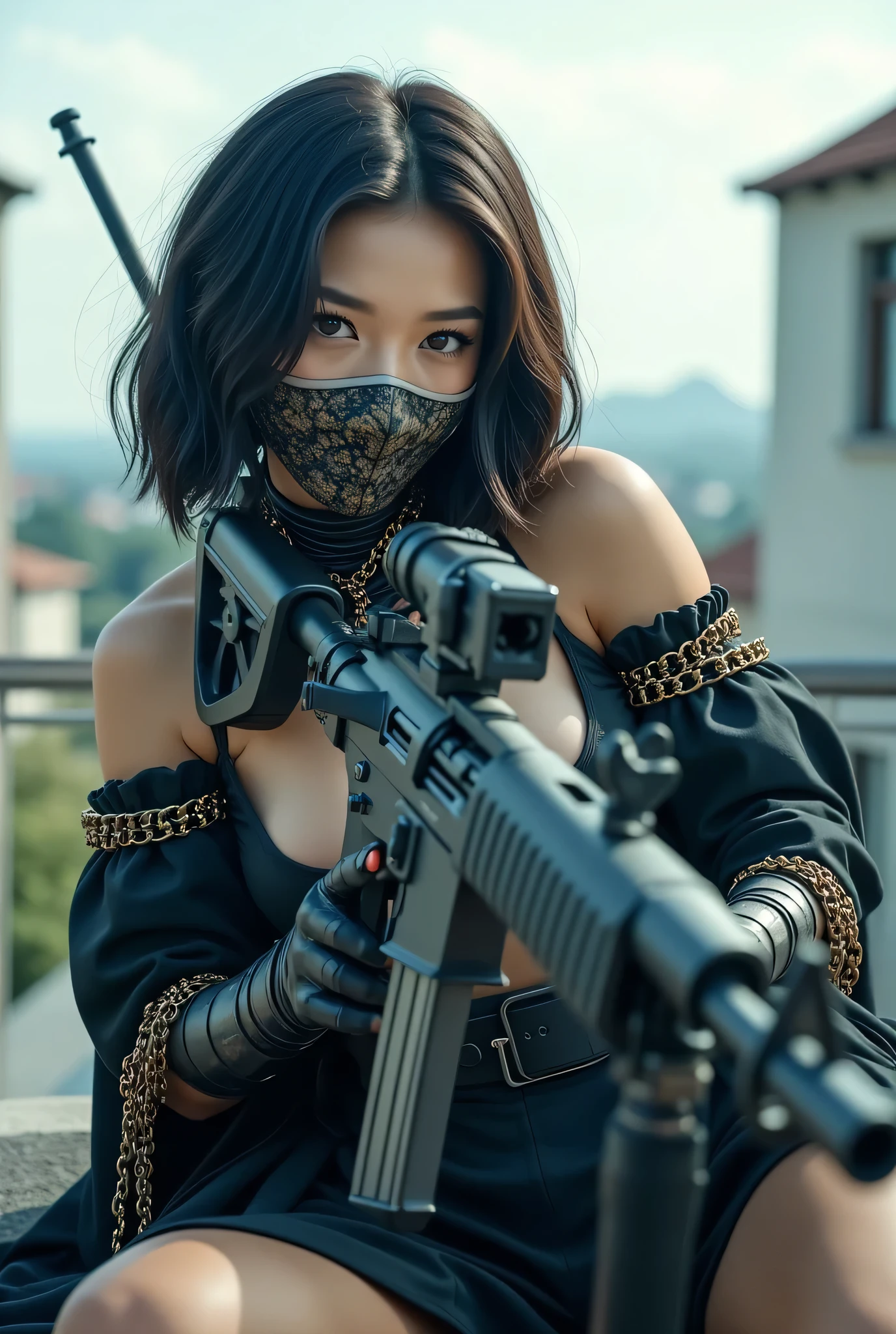 (8k,           Top Quality Conversation    ,      masterpiece), (       exists , photo       exists : 1.37),       very well detailed  , {  Sylvan Witch with an M60 machine gun      }, Wide angle ,       chest shaking a lot         ,          Very delicate depiction          ,    Intricately detailed armor             ,            short braided hair     ,         correct skeleton  、       chain armor         ,       A gun with an intricate pattern  、       dreamy       ,super existing mixed fantasy world looking at the camera with a sharp eye,         a combination of exists elements and fantastic elements (  on the roof of the building  :1)、  Preparing to Fight with a Gun   , Lie Down and Shoot、Put a precise mask on her mouth  