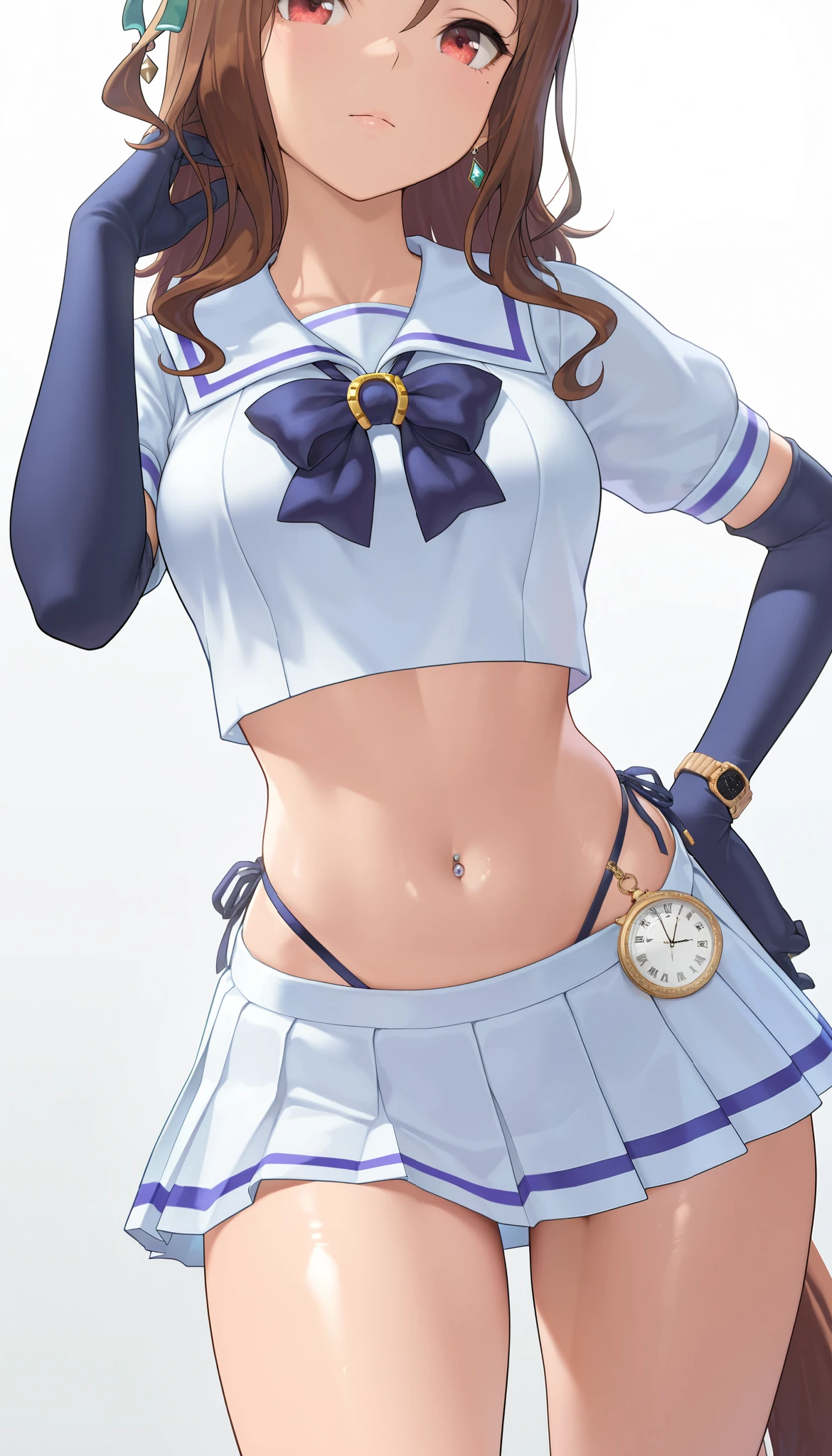 ( masterpiece), (TOP QUALITY), (Ultra High Definition), great quality, very aesthetic, 's illustration , perfect configuration, intricate details, is ridiculous, incredibly is ridiculous, shiny skin that is creating, realistic, , King Halo (Uma Musume), 1 girl, horse ears, Mahogany, watch viewers, school uniform,, bow tie,Chest,eyeliner, long hair,big hips, elbow gloves , Hand in Hair, piercing above spo,belly button,earrings, Floral ,high leg thong, skirt、15-year-old girl、(is short:1.5)