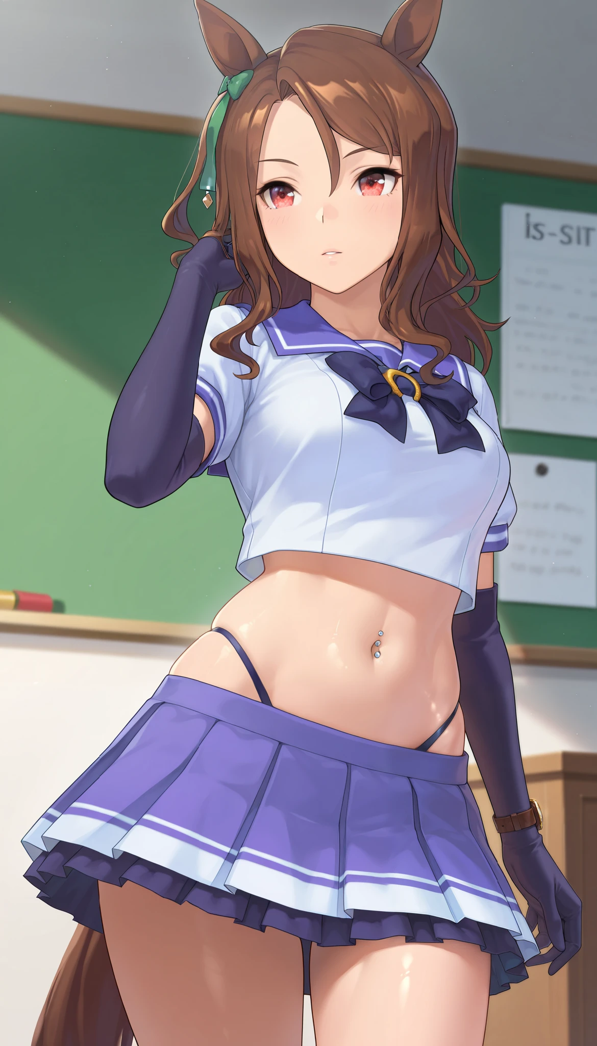 ( masterpiece), (TOP QUALITY), (Ultra High Definition), great quality, very aesthetic, 's illustration , perfect configuration, intricate details, is ridiculous, incredibly is ridiculous, shiny skin that is creating, realistic, , King Halo (Uma Musume), 1 girl, horse ears, Mahogany, watch viewers, school uniform,, bow tie,Chest,eyeliner, long hair,big hips, elbow gloves , Hand in Hair, piercing above spo,belly button,earrings, Floral ,high leg thong, skirt、15-year-old girl、(is short:1.5)