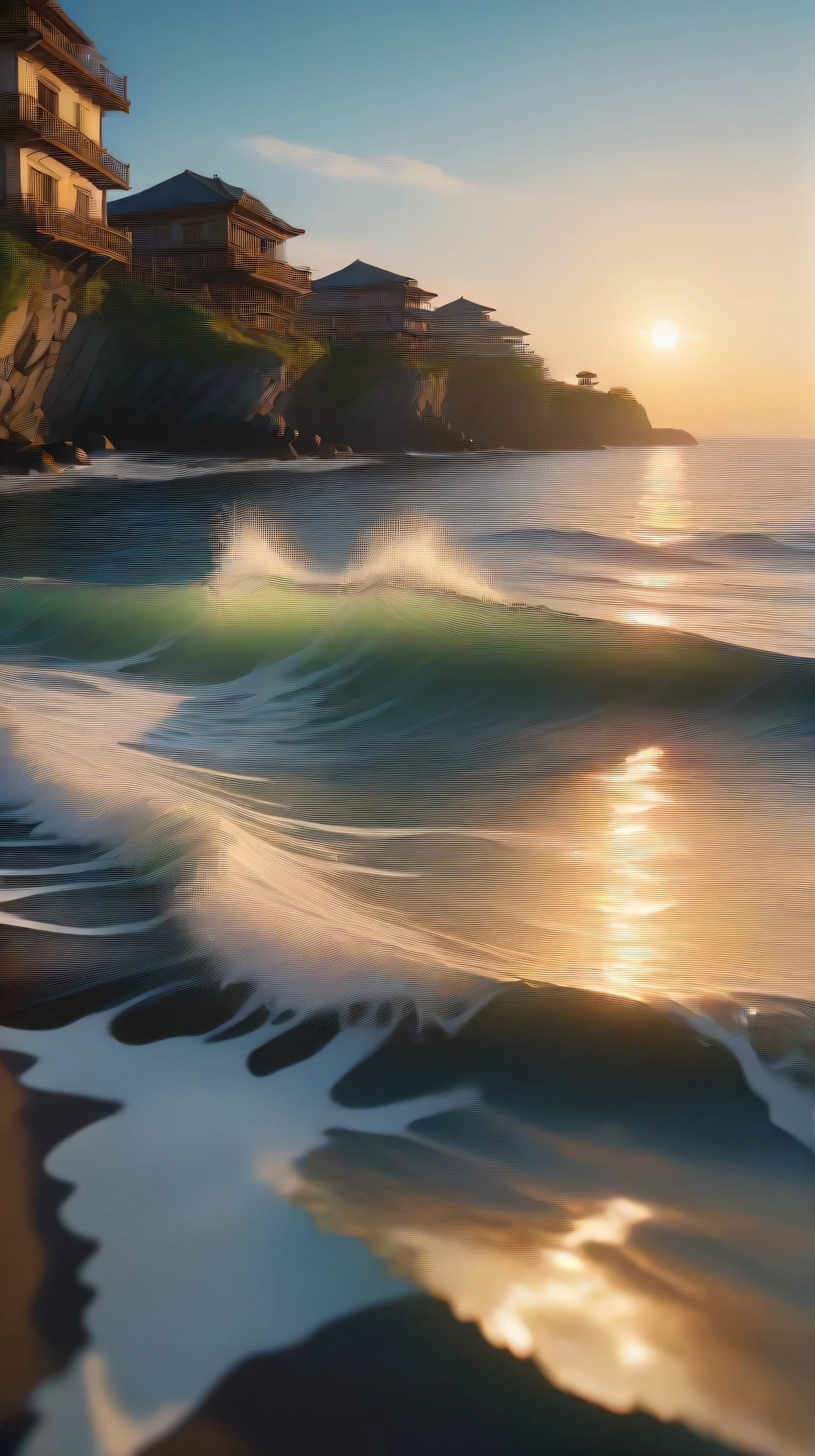 ground-level shots,A very beautiful picture of the blue coast , The blue coast with beautiful, clean ocean splashes, Sigma 24 mm F/1.4,1/ 1000 second shutter ,ISO 400, Golden Hour ,# quality(8k,VERY DETAILED CG UNIT WALL PAPER, Masterpiece, high resolution,top- quality,top- quality real texture skin, surrealistic, resolution, RAW Photo,Best Quality, High precision,wallpaper,cinematic lighting, Raytrace , golden ratio,), break , beautiful landscape,Beautiful Cityの明かり,Beautiful City,god_light, lens flare,