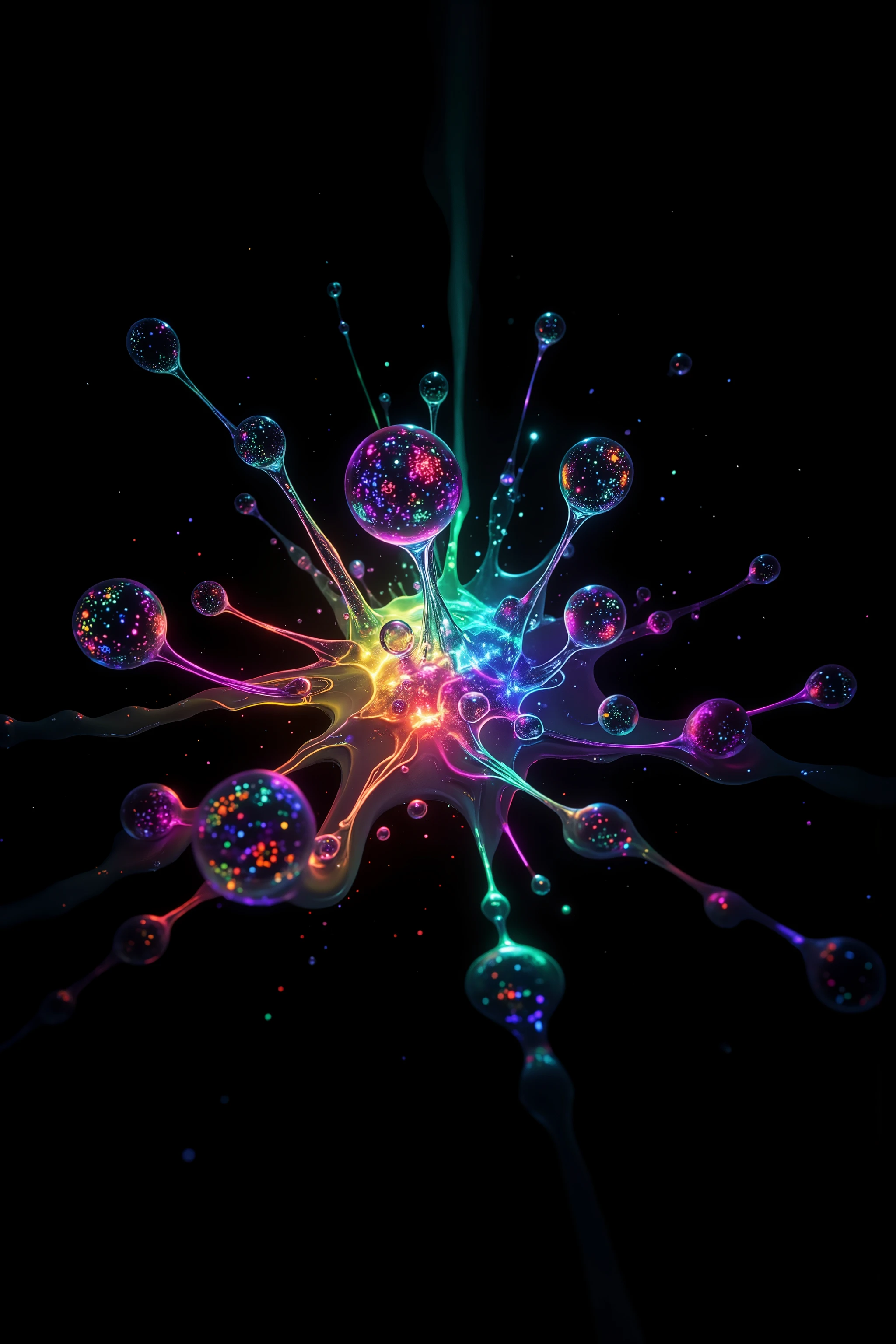 Extreme glow and shine reflect off glass orbs glass bubbles, in a room full of mirrors spheres full of fizzing neon colored liquid spill into reflective bubbles,and the mirrors reflect all the objects. Incorporate perfect symmetry and rotational symmetry. A psychedelic dream, vibrant colors shimmering, glass morphing from colors, intricate rainbow patterns twist in and out of objects while dripping into each other, perfectly formed symmetrical spheres and glowing reflective bubbles, extreme attention to detail on the bubbles and spheres, rainbows of color twist out of translucent orbs, spilled paint and spirals of swirling color in the background, beautiful psychedelic digital art, pixel art, neon colors, 4d mandelbulb psychedelics, glass-like psychedelic landscape, intricate rainbow environment, psychedelic underwater brightness, trails of color and light, bright fluorescent colors, psychedelic vibrant colors, bright psychedelic neon colors, colorful paint drips out of the bubbles, 3D glass spheres melting into each other spilling out colors, visually disorienting, hallucination inducing, optical illusions, startling, stunning images, awe-inspiringly, best quality wallpaper, pixel assets, portrait photography, surrealism, photorealistic, hyper detailed, glass morphism, digital art, sparkle, optical illusion, glowing light, reflection light, overexposure, god rays backlighting, depth of field, rotational symmetry, UHD, high details, high quality, super detailed, best quality, award winning, Masterpiece. Spheres reflecting light everywhere and it brings out images and optical illusions for the viewer's disorienting experience of looking at it. Super bright neon Colors.** incorporate bright neon green, neon blue, neon purple, neon yellow, &blood red**Extreme glow and shine reflect.