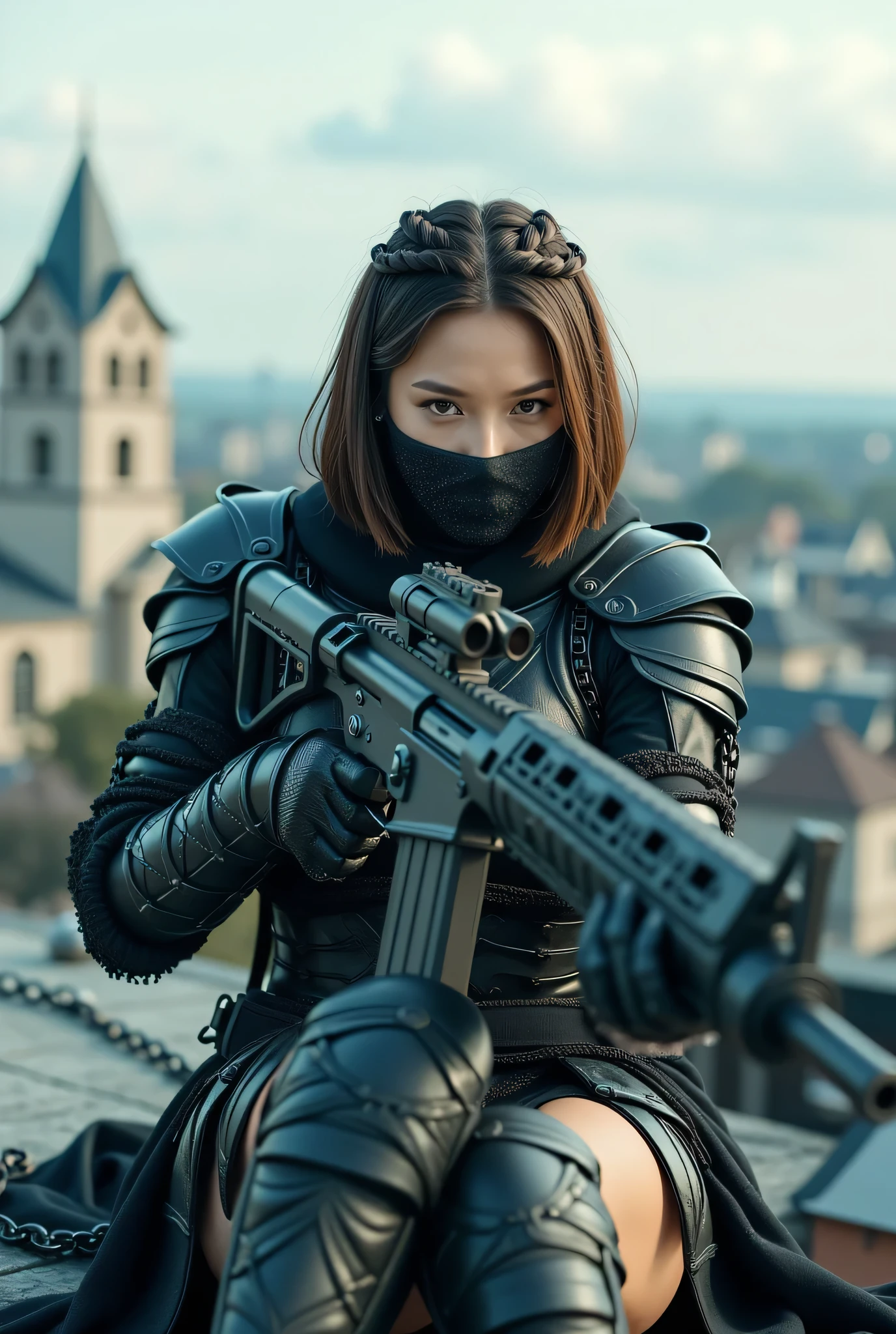 (8k,           Top Quality Conversation    ,      masterpiece), (       exists , photo       exists : 1.37),       very well detailed  , {  Sylvan Witch with an M60 machine gun      }, Wide angle ,       chest shaking a lot         ,          Very delicate depiction          ,    Intricately detailed armor             ,            short braided hair     ,         correct skeleton  、       chain armor         ,       A gun with an intricate pattern  、       dreamy       ,super existing mixed fantasy world looking at the camera with a sharp eye,         a combination of exists elements and fantastic elements (  on the roof of the building  :1)、  Preparing to Fight with a Gun   , Lie Down and Shoot、Put a precise mask on her mouth  