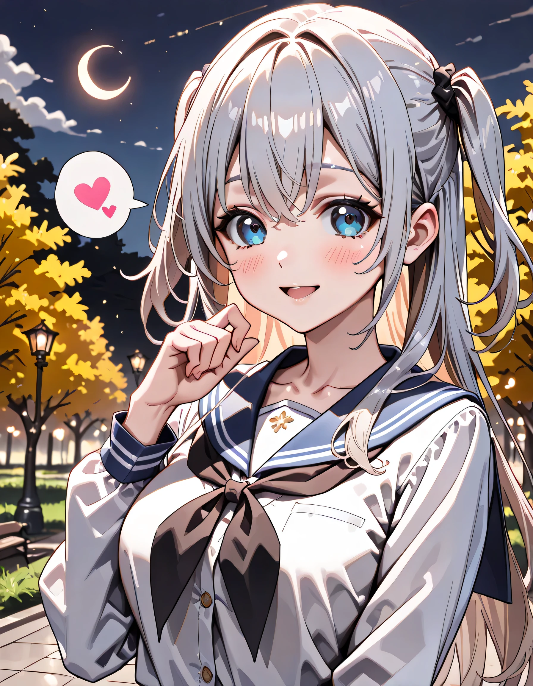 ((ultra-detailed)), (highly detailed CG illustration), (best quality:1.2), ultra-highly detailed, colorful composition, artistic photoshoot, 1girl, solo focus, ((upper body:1.4)), moe anime character, girl, dainty facial structure, (bab(round face), ((rounded chin:1.2)), celia-default, celia claire, (blue eyes), ((silver hair color)), ((two side up hair)), ample breasts, school uniform, sailor suit, traditional Japanese style with navy blue and white colors, ((happy:1.5)), ((laughing:1.4)), ((blush)), ((looking viewer)), ((spoken heart:1.4)), ((night:1.4)), ((standing in the park at night)), ((the Crescent moon shines beautifully)), from front, best quality, masterpiece, expecting, pink cheek, blush, light pink gloss slip, portrait, depth of field, soft lighting, sidelighting, (shine), lighting, caustics, ray tracing, smile, perfect face, lustrous skin, highly detailed face, highly detailed eyes, perfect face, perfect nose, perfect hair, perfect eyes, perfect anatomy, beautiful hair, beautiful small face, extremely detailed face, beautiful detailed eyes, beautiful clavicle, beautiful body, beautiful ample breasts, leavage, breasts squeezed together, equalize the size of the left and right breasts, beautiful thin thighs, beautiful legs, beautiful fingers, 4 fingers, 1 thumb, lovely, (very detailed background:1.0), (highly detailed background:1.0), spring aesthetic, intricate details, night atmosphere, moon night colors palette, chromatic aberration