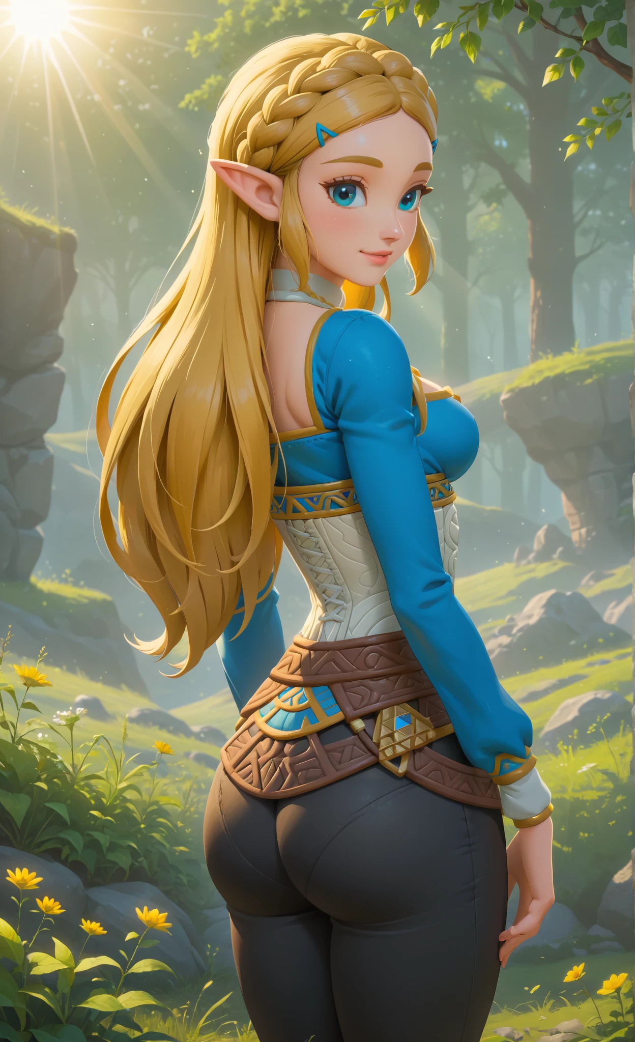 ((princess zelda)), ((botw style)), ((masterpiece)), ((high resolution)), ((solo portrait)), ((back view)), {(attractive figure), (slim waist), (wide hips), (beautiful legs), (yellow braided hair), (pointed elf ears), (cute blue eyes), (long eyelashes), (lush lips), (cute smile)}, {(breath of the wild outfit), (blue shirt), (long sleeves), (cleavage), (white corset), (brown belt), (black pants)}, {(standing), (looking back at viewer)}, ((plains)), ((sun rays))