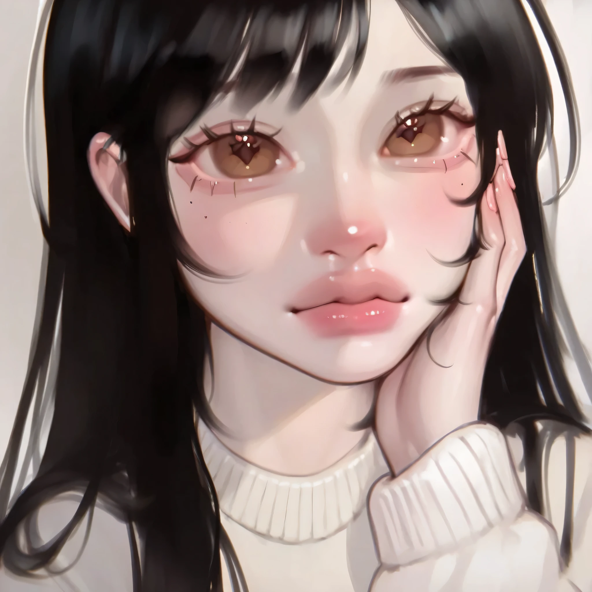 1girl,face,black hair,long hair,pale skin,brown eyes,white sweater,puririkaaa_style,