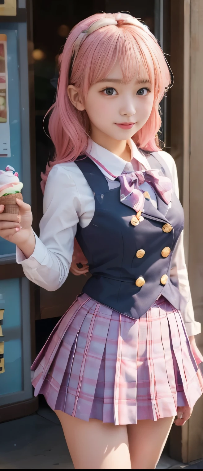Cool Ice Cream Idol Girl、A pure girl's face、 hypo、、Fairytale Mini Uniform(pleated miniskirt)、、glowing ice cream、Winter Town