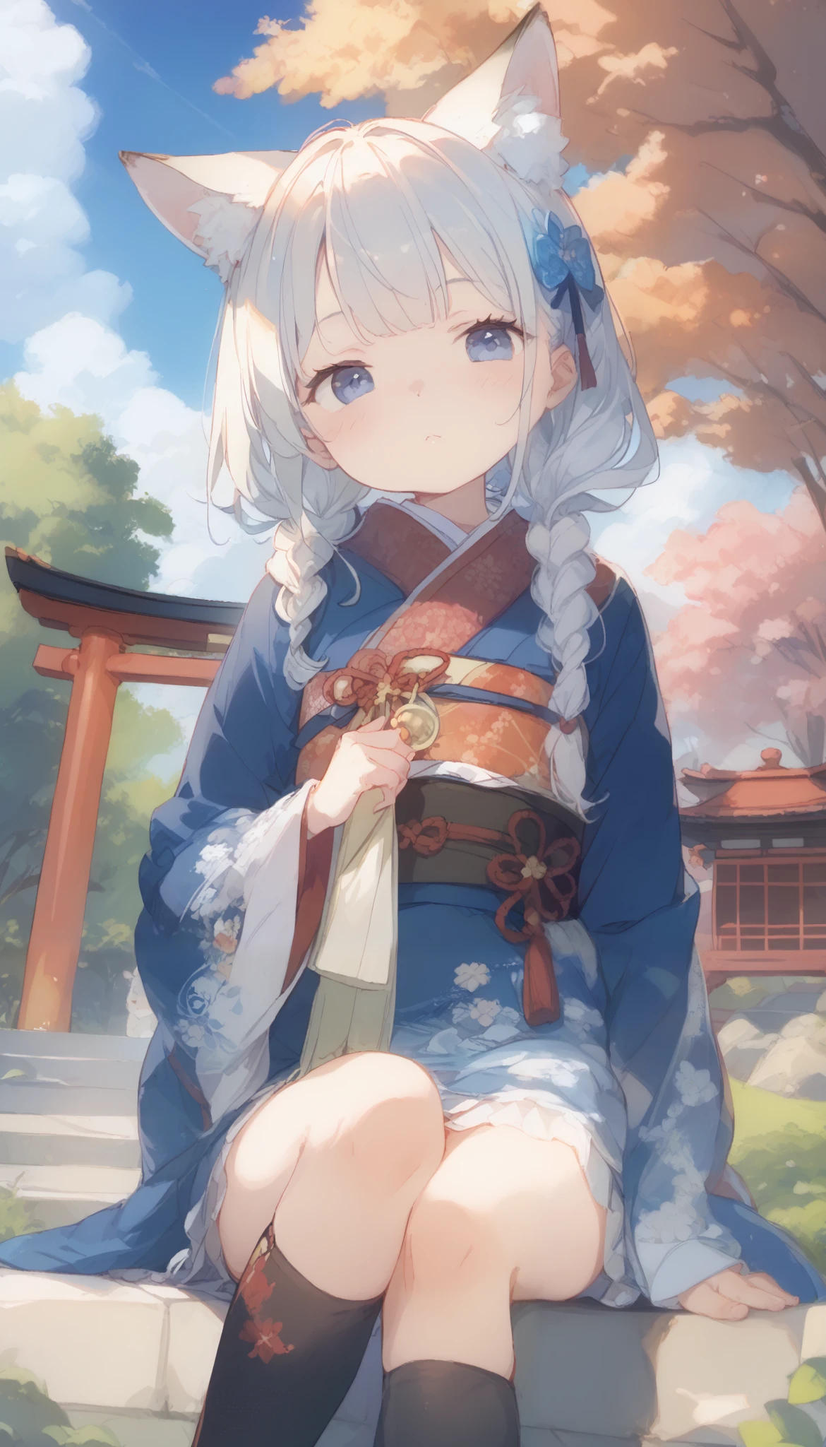 Pretty Strong Makeover  、    cute anime girl with a small face and  、     it's cute キツネの耳の女の子、 fox ears、 the royal family 、夢のように  it's cute   、  it's cute 、  expressionless、   simple oversized pullover  、 black knee-high socks  、  poster style  、flat-colors、    Carefully calculated    、  arranged motifs  、HIGH QUALITY DESIGN   、    kitschy aesthetics   、Inari Shrine、torii、