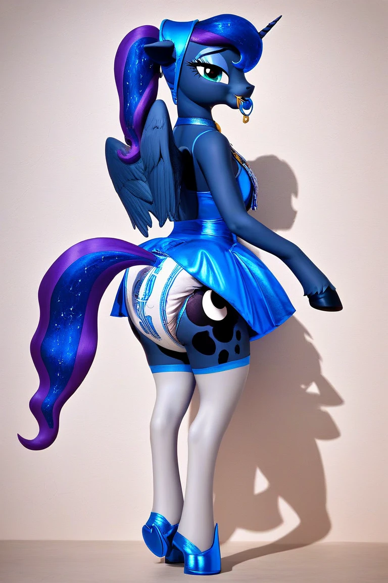 ((my little pony)), solo, ((seductive costume)), beautiful body, high detailed, 4K, ((seductive perky big butt)), behind view, (((short strapless space styled dress))), beautiful medium breasts, (((shining armor))), (((tights fishnet))), ((butterfly tattoo)), ((seductive journal pose)), ((fishnet sleeves)), (dripping pussy:1.3)