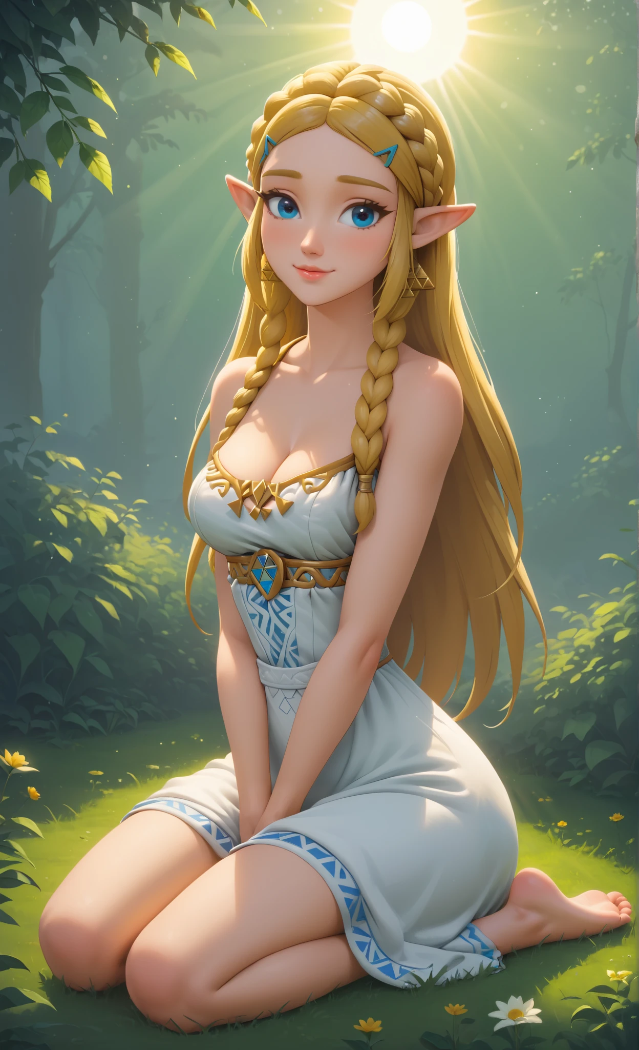 ((princess zelda)), ((botw style)), ((masterpiece)), ((high resolution)), ((solo portrait)), {(attractive figure), (slim waist), (wide hips), (beautiful legs), (pretty feet), (yellow braided hair), (pointed elf ears), (cute blue eyes), (long eyelashes), (lush lips), (shy smile)}, {(shoulderless white dress), (cleavage)}, {(kneeling), (hands in lap), (looking at viewer)}, ((plains)), ((sun rays))