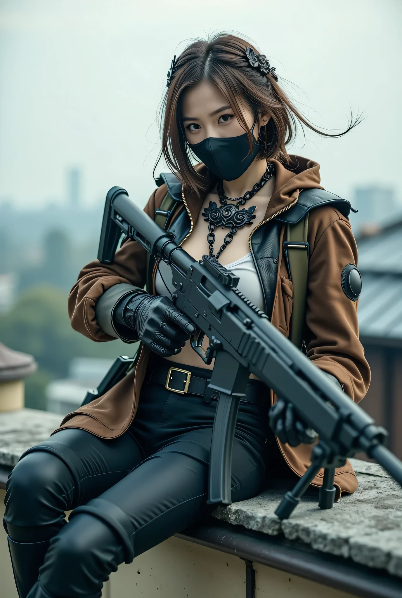 (8k, Top Quality Conversation , masterpiece), ( exists , photo exists : 1.37), very well detailed , { Sylvan Witch with an M60 machine gun }, Wide angle , chest shaking a lot , Very delicate depiction , Intricately detailed armor , short braided hair , correct skeleton 、 chain armor , A gun with an intricate pattern 、 dreamy ,super existing mixed fantasy world looking at the camera with a sharp eye, a combination of exists elements and fantastic elements ( on the roof of the building :1)、 Preparing to Fight with a Gun , Lie Down and Shoot、Put a precise mask on her mouth