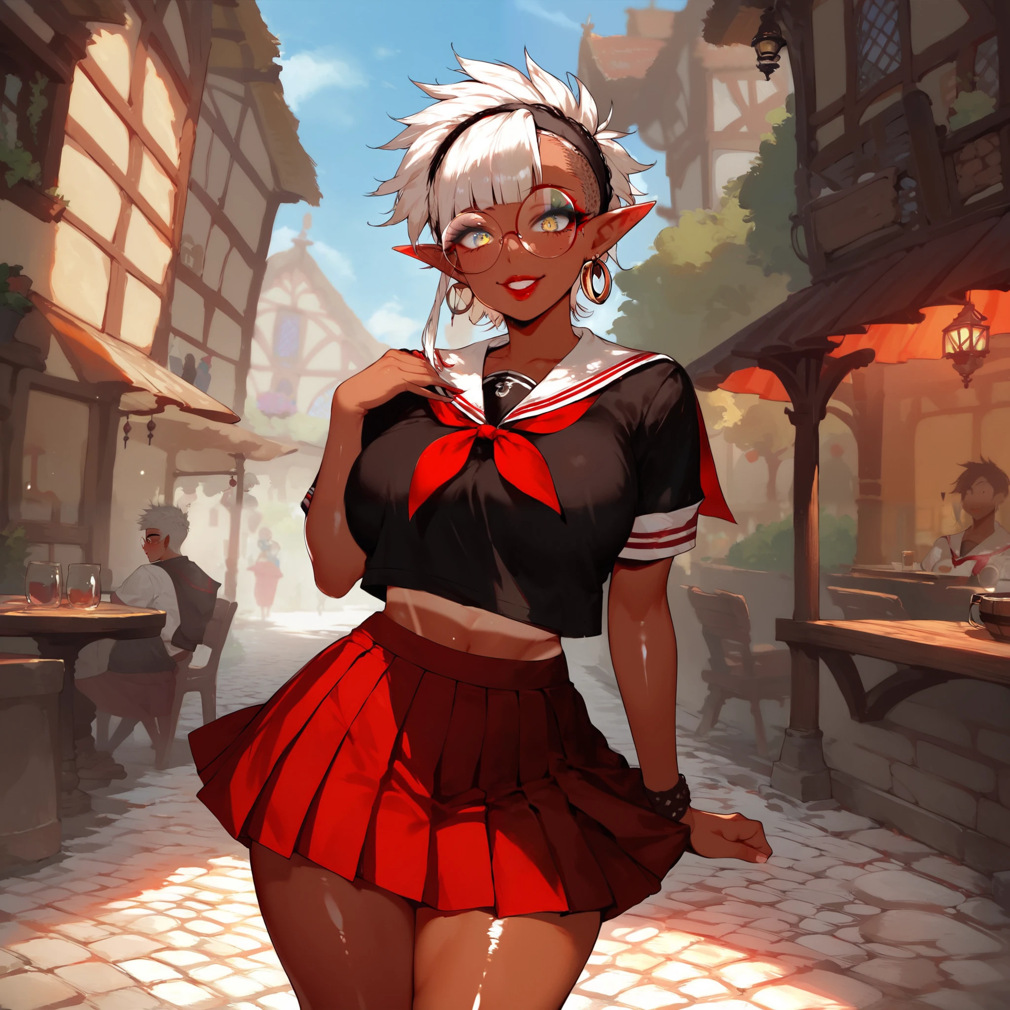 1 girl, solo, pop punk style, sharp focus, posing standing, surprised look, dark red striped tights, slight smile, black shirt, red trim, red tie, pleated skirt, short sleeves, black headband, round glasses, red skirt, black serafuku, sailor collar, red neckerchief, pleated skirt, red trim, short sleeves, big firm breasts, big juicy thighs, oily skin, shiny skin, shiny skin, tan line, makeup, eyeliner, eye shadow, red lipstick, beautiful expressive eyes, azure eyes, evelycede, dark elf, dark skinned woman, pointy ears, yellow eyes, sidelocks, white hair, blunt bangs, tress ribbon, hair band, red ribbon, fantasy village, cobblestones, old dilapidated houses, tavern, outdoors, depth of field, blur, romantic anime style, dark atmosphere,