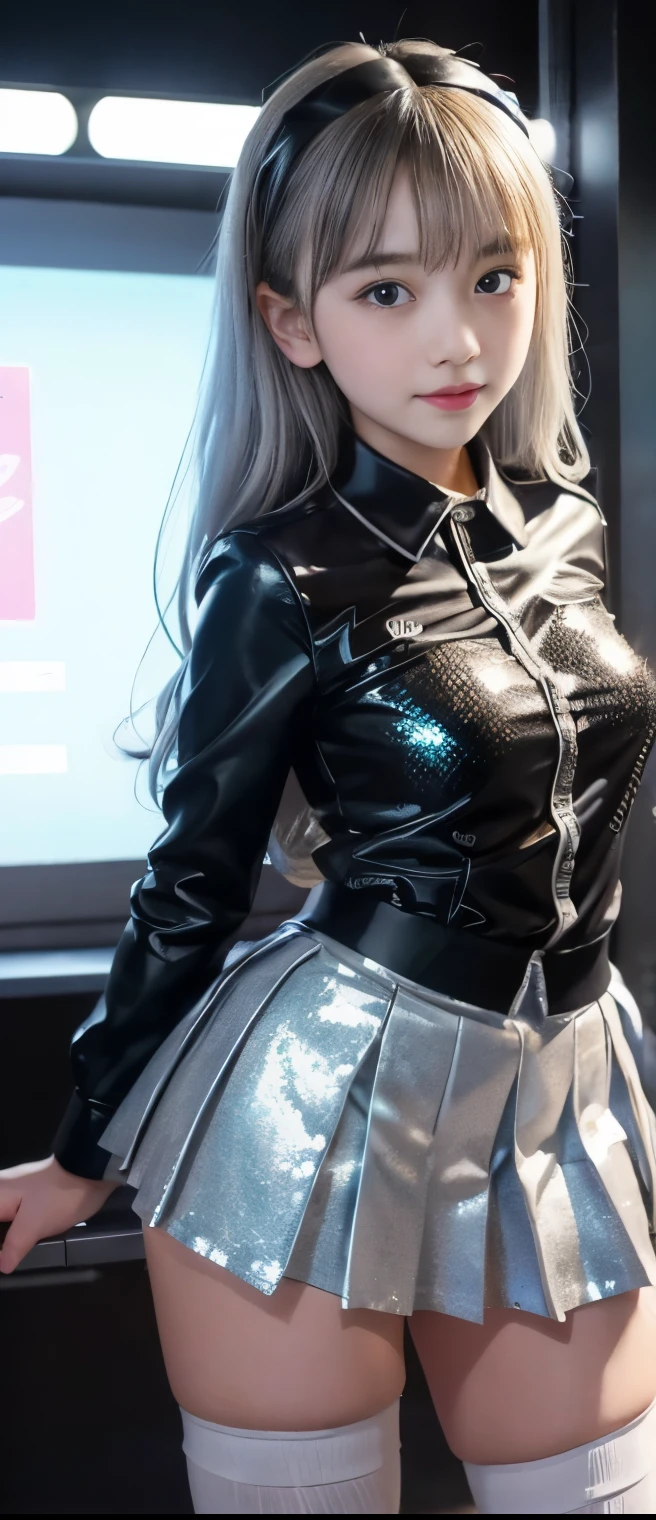 Cool Idol Girl 、A pure girl's face、 hypo、、silver sequin mini uniform(pleated miniskirt)、、Glowing Frost Saber、Winter Town