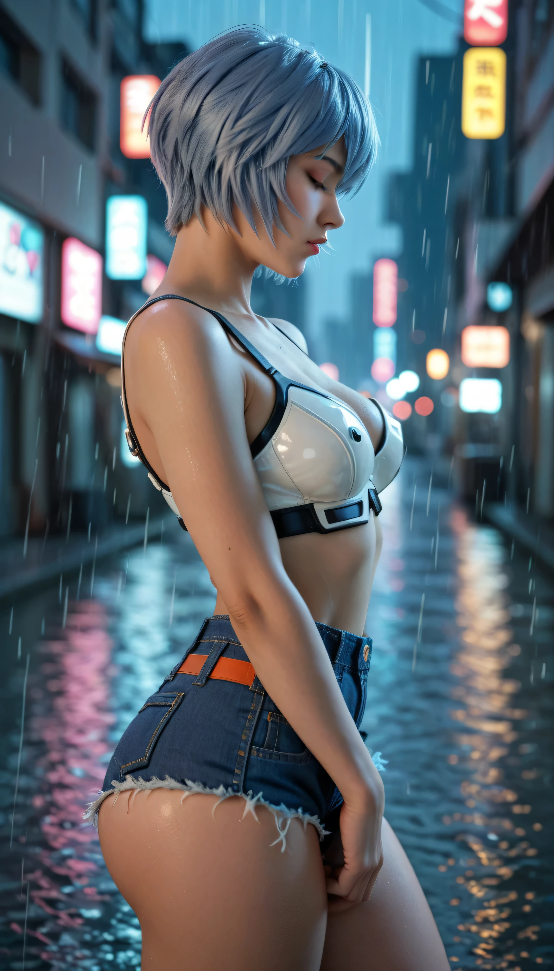 1girl, bangs, white hair, blue eyes, fashi-girl,bob cut,short hair, cleavage, collarbone, open jacket,mecha,cyberpunk,neon lights,large breasts,mature female,shiny skin,rain,water drop,badass,alluring