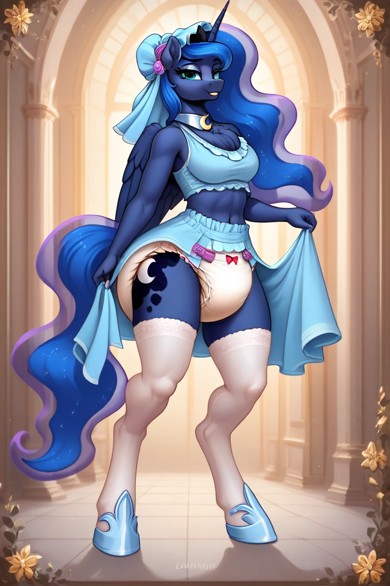 Princess Luna, My Little Pony, anthro, beautiful girl, full body, attractive body, tiny chest, ultra hd, hdr, masterpiece, 8k, nsfw, high saturation, glowing colors, furry, good hands,