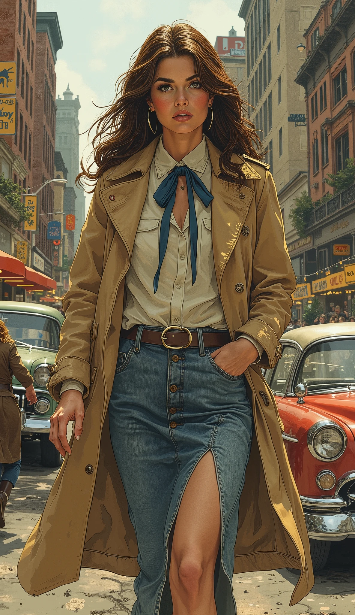 Create an image of a confident Lois Lane walking down a bustling city street. She's wearing a stylish beige trench coat over a white shirt tied with a blue necktie, paired with a form-fitting Long Hemline Denim Skirt. Her hair is styled in voluminous waves, and she carries an air of determination. The street is lined with tall buildings and vintage cars, suggesting a setting that blends modern and retro elements. The atmosphere is dynamic, with a slight haze that adds a cinematic quality to the scene.