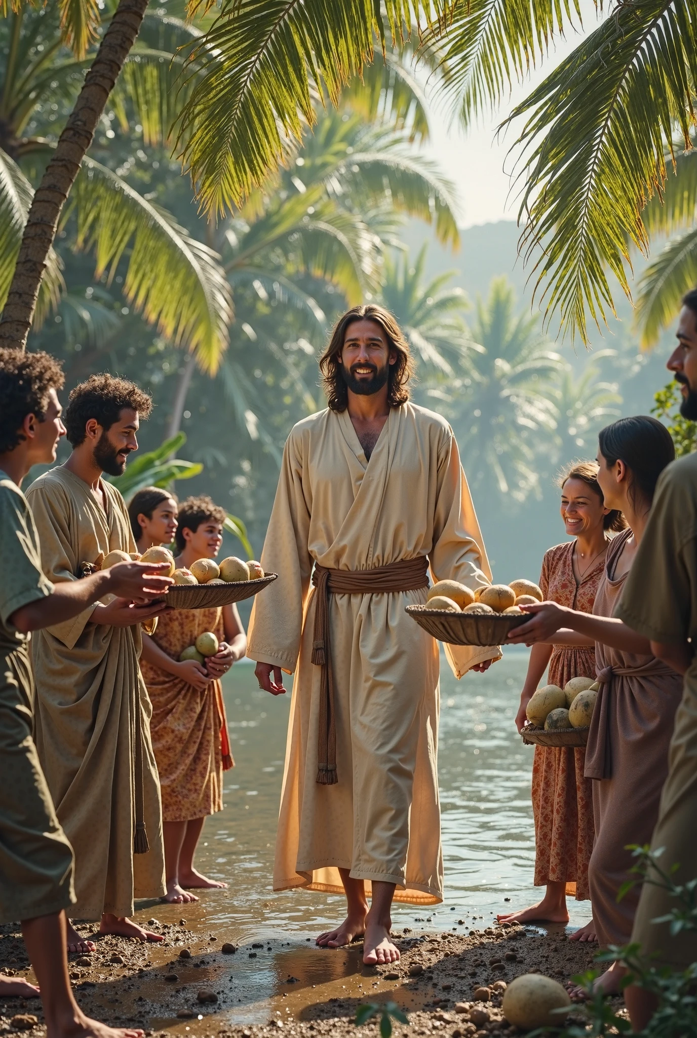  Create a dramatic scene of real Jesus Christ  struggling to carry a giant pineapple up a muddy, rural road in a mountainous village. The sky is overcast, reflecting his effort and suffering. Jesus crist is visibly sweating and tears are streaming down his face. He is crying Villagers are watching him with expressions of awe and concern. The road is rough and the village is rustic, with simple, traditional houses in the background."

