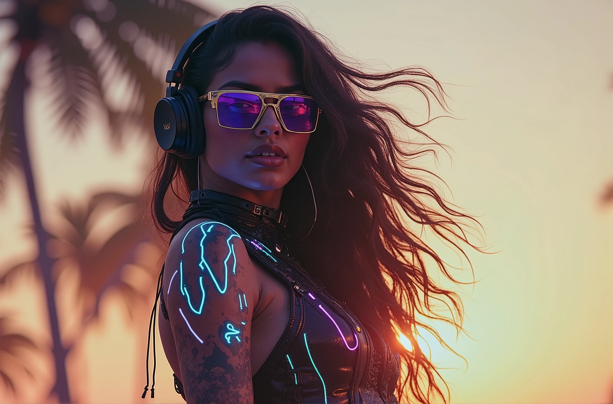 Tantric priestess Woman with tattoos ,percings y una mascara de ironman mezclando musica en una tornamesa de dj en una fiesta en la playa foto ultrarealista --auto