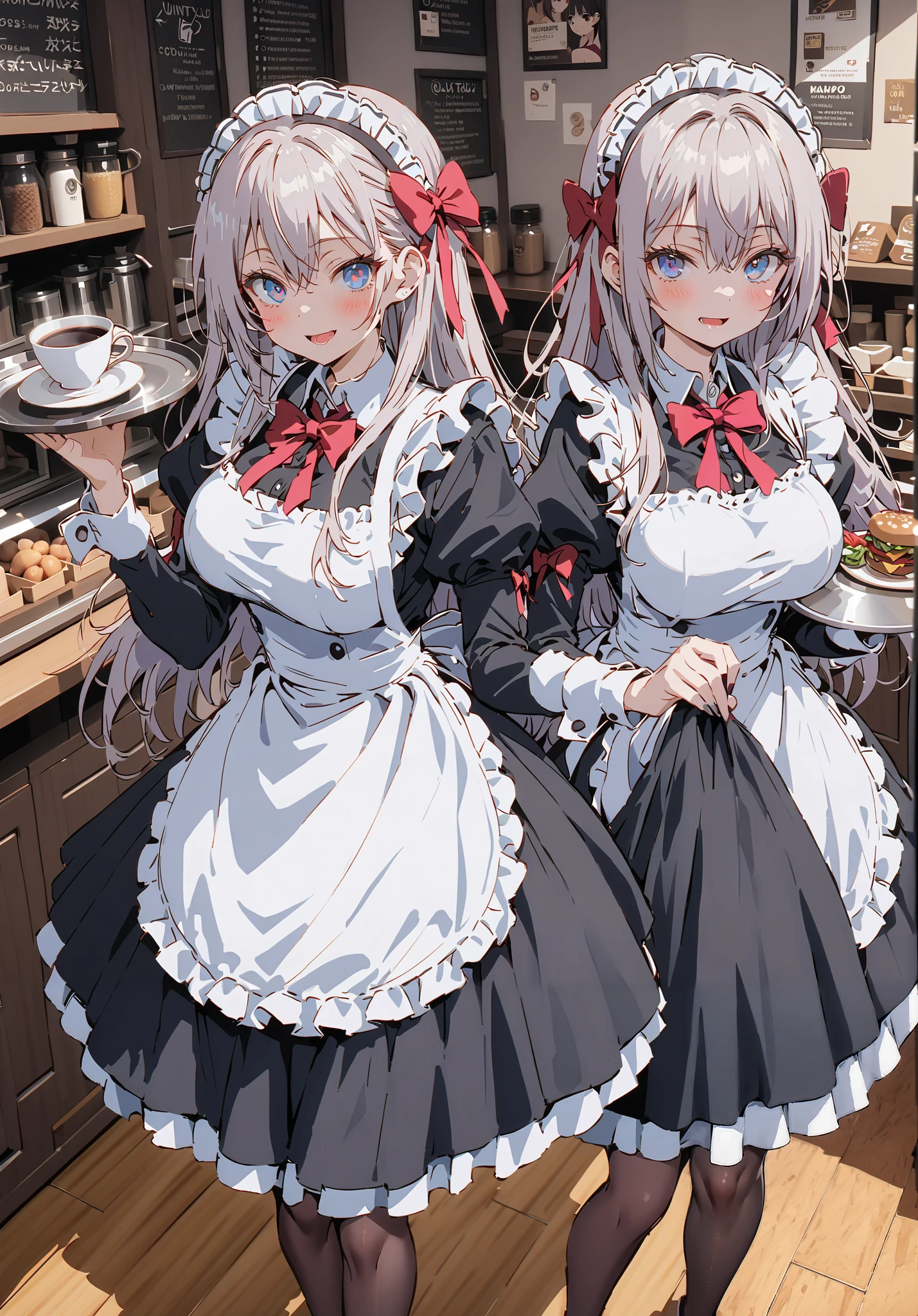 score_9, score_8_up, score_7_up, source_anime, Alisa Mikhailovna Kujo, long hair, bangs, blue eyes, hair bow, stupid hair, gray hair, red ribbon, smile,blush,open your mouth,Big Breasts,Maid服, Black long skirt, black pantyhose, stiletto heels,Maid head ドレス, Maid apron, Maid Dress,Maid, Maid outfit,Tray, Tray in one hand,standing,full bodyがイラストに入るように, break indoors, coffee shop,
break looking at viewer,full body,
break (masterpiece:1.2),TOP QUALITY , kampala, Unity 8K Wallpaper ,(shape:0.8),( fine, beautiful eyes :1.6),It's a person ,full body写真,CG Details , ( perfect hands,Complete Anatomy),